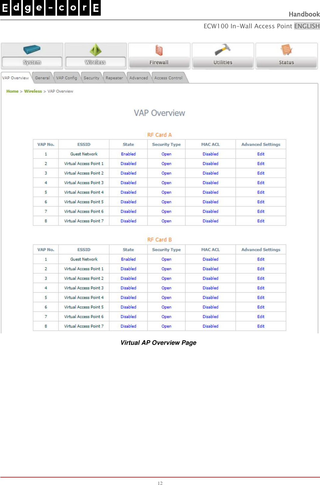   Handbook ECW100 In-Wall Access Point ENGLISH 12   Virtual AP Overview Page  