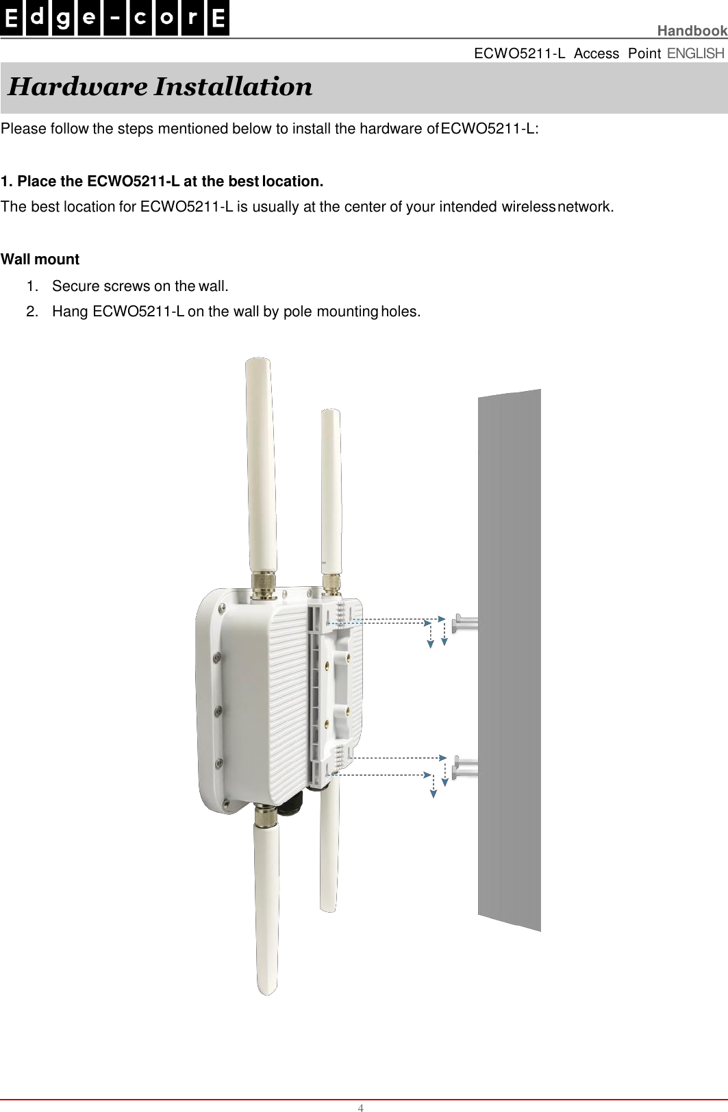    Handbook ECWO5211-L  Access  Point ENGLISH Hardware Installation Please follow the steps mentioned below to install the hardware of ECWO5211-L:  1. Place the ECWO5211-L at the best location. The best location for ECWO5211-L is usually at the center of your intended wireless network.  Wall mount 1. Secure screws on the wall. 2. Hang ECWO5211-L on the wall by pole mounting holes. 4 