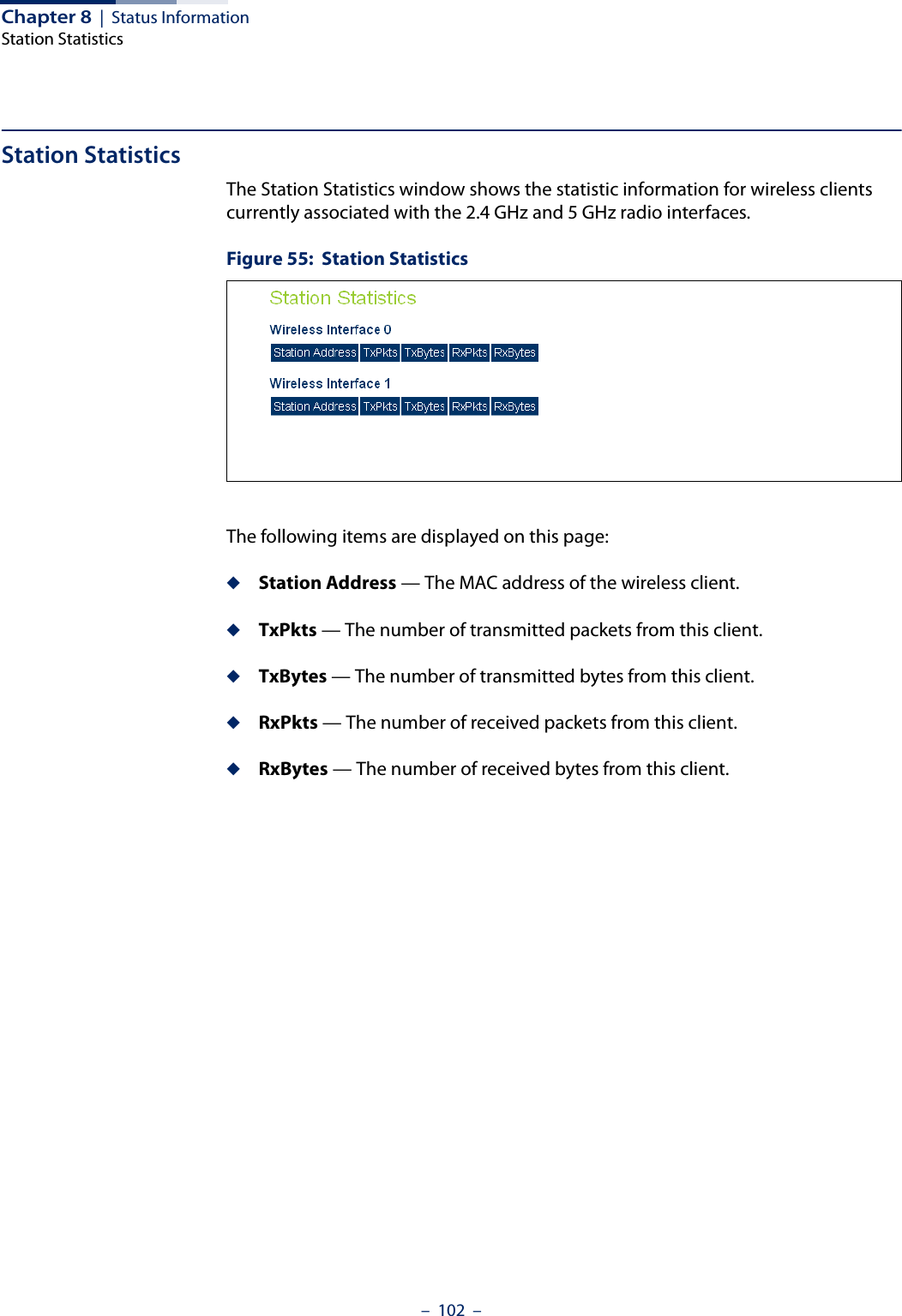 Chapter 8  |  Status InformationStation Statistics–  102  –Station StatisticsThe Station Statistics window shows the statistic information for wireless clients currently associated with the 2.4 GHz and 5 GHz radio interfaces.Figure 55:  Station StatisticsThe following items are displayed on this page:◆Station Address — The MAC address of the wireless client.◆TxPkts — The number of transmitted packets from this client.◆TxBytes — The number of transmitted bytes from this client.◆RxPkts — The number of received packets from this client.◆RxBytes — The number of received bytes from this client.