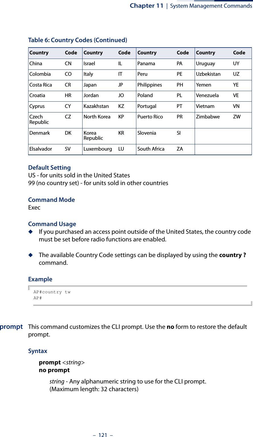 Chapter 11  |  System Management Commands–  121  –Default Setting US - for units sold in the United States99 (no country set) - for units sold in other countriesCommand Mode ExecCommand Usage◆If you purchased an access point outside of the United States, the country code must be set before radio functions are enabled.◆The available Country Code settings can be displayed by using the country ? command.Example AP#country twAP#prompt This command customizes the CLI prompt. Use the no form to restore the default prompt.Syntax prompt &lt;string&gt;no promptstring - Any alphanumeric string to use for the CLI prompt. (Maximum length: 32 characters)China CN Israel IL Panama PA Uruguay UYColombia CO Italy IT Peru PE Uzbekistan UZCosta Rica CR Japan JP Philippines PH Yemen YECroatia HR Jordan JO Poland PL Venezuela VECyprus CY Kazakhstan KZ Portugal PT Vietnam VNCzech Republic CZ North Korea KP Puerto Rico PR Zimbabwe ZWDenmark DK Korea Republic KR Slovenia SIElsalvador SV Luxembourg LU South Africa ZATable 6: Country Codes (Continued)Country Code Country Code Country Code Country Code