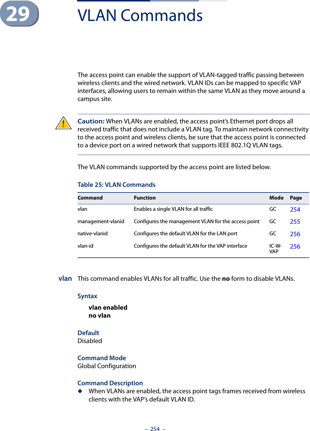 –  254  –29 VLAN CommandsThe access point can enable the support of VLAN-tagged traffic passing between wireless clients and the wired network. VLAN IDs can be mapped to specific VAP interfaces, allowing users to remain within the same VLAN as they move around a campus site.Caution: When VLANs are enabled, the access point’s Ethernet port drops all received traffic that does not include a VLAN tag. To maintain network connectivity to the access point and wireless clients, be sure that the access point is connected to a device port on a wired network that supports IEEE 802.1Q VLAN tags.The VLAN commands supported by the access point are listed below.vlan This command enables VLANs for all traffic. Use the no form to disable VLANs.Syntaxvlan enabledno vlan DefaultDisabledCommand ModeGlobal ConfigurationCommand Description◆When VLANs are enabled, the access point tags frames received from wireless clients with the VAP’s default VLAN ID.Table 25: VLAN CommandsCommand Function Mode Pagevlan Enables a single VLAN for all traffic GC 254management-vlanid Configures the management VLAN for the access point GC 255native-vlanid Configures the default VLAN for the LAN port GC 256vlan-id Configures the default VLAN for the VAP interface IC-W-VAP 256