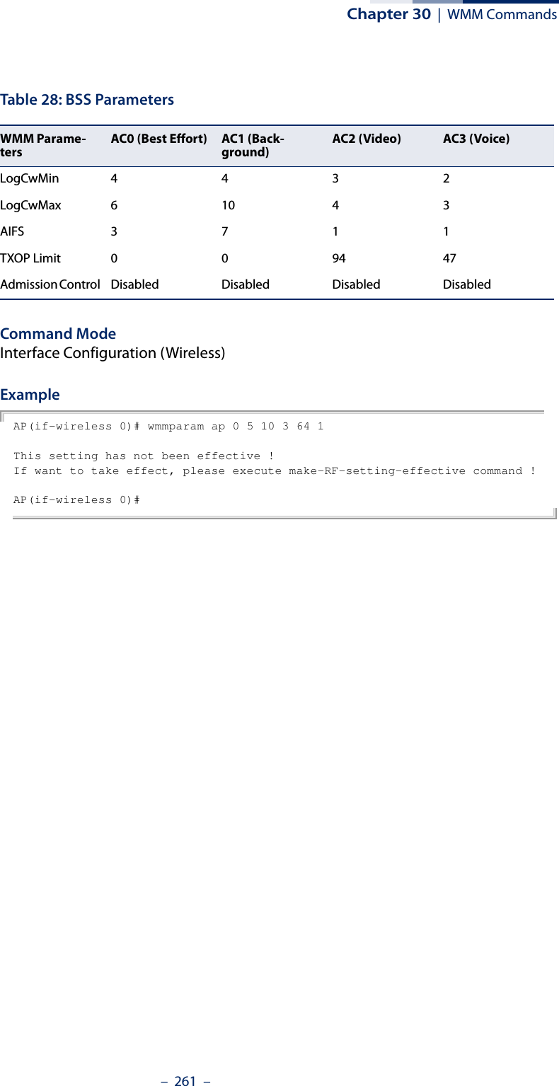 Chapter 30  |  WMM Commands–  261  –Table 28: BSS ParametersCommand ModeInterface Configuration (Wireless)ExampleAP(if-wireless 0)# wmmparam ap 0 5 10 3 64 1This setting has not been effective !If want to take effect, please execute make-RF-setting-effective command !AP(if-wireless 0)#WMM Parame-tersAC0 (Best Effort)  AC1 (Back-ground) AC2 (Video)  AC3 (Voice) LogCwMin4432LogCwMax 6 10 4 3AIFS3711TXOP Limit  009447Admission Control  Disabled Disabled Disabled Disabled