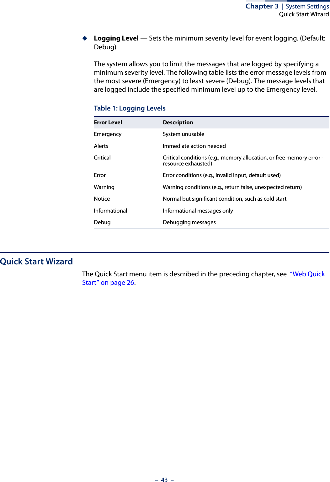 Chapter 3  |  System SettingsQuick Start Wizard–  43  –◆Logging Level — Sets the minimum severity level for event logging. (Default: Debug)The system allows you to limit the messages that are logged by specifying a minimum severity level. The following table lists the error message levels from the most severe (Emergency) to least severe (Debug). The message levels that are logged include the specified minimum level up to the Emergency level. Quick Start WizardThe Quick Start menu item is described in the preceding chapter, see  “Web Quick Start” on page 26.Table 1: Logging LevelsError Level DescriptionEmergency System unusableAlerts Immediate action neededCritical Critical conditions (e.g., memory allocation, or free memory error - resource exhausted)Error  Error conditions (e.g., invalid input, default used)Warning Warning conditions (e.g., return false, unexpected return)Notice Normal but significant condition, such as cold start Informational Informational messages onlyDebug Debugging messages