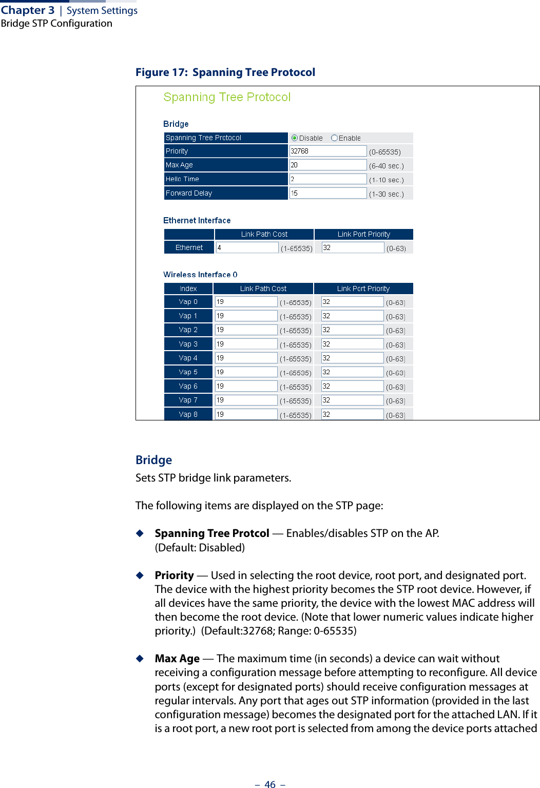 Chapter 3  |  System SettingsBridge STP Configuration–  46  –Figure 17:  Spanning Tree ProtocolBridgeSets STP bridge link parameters.The following items are displayed on the STP page:◆Spanning Tree Protcol — Enables/disables STP on the AP. (Default: Disabled)◆Priority — Used in selecting the root device, root port, and designated port. The device with the highest priority becomes the STP root device. However, if all devices have the same priority, the device with the lowest MAC address will then become the root device. (Note that lower numeric values indicate higher priority.)  (Default:32768; Range: 0-65535)◆Max Age — The maximum time (in seconds) a device can wait without receiving a configuration message before attempting to reconfigure. All device ports (except for designated ports) should receive configuration messages at regular intervals. Any port that ages out STP information (provided in the last configuration message) becomes the designated port for the attached LAN. If it is a root port, a new root port is selected from among the device ports attached 