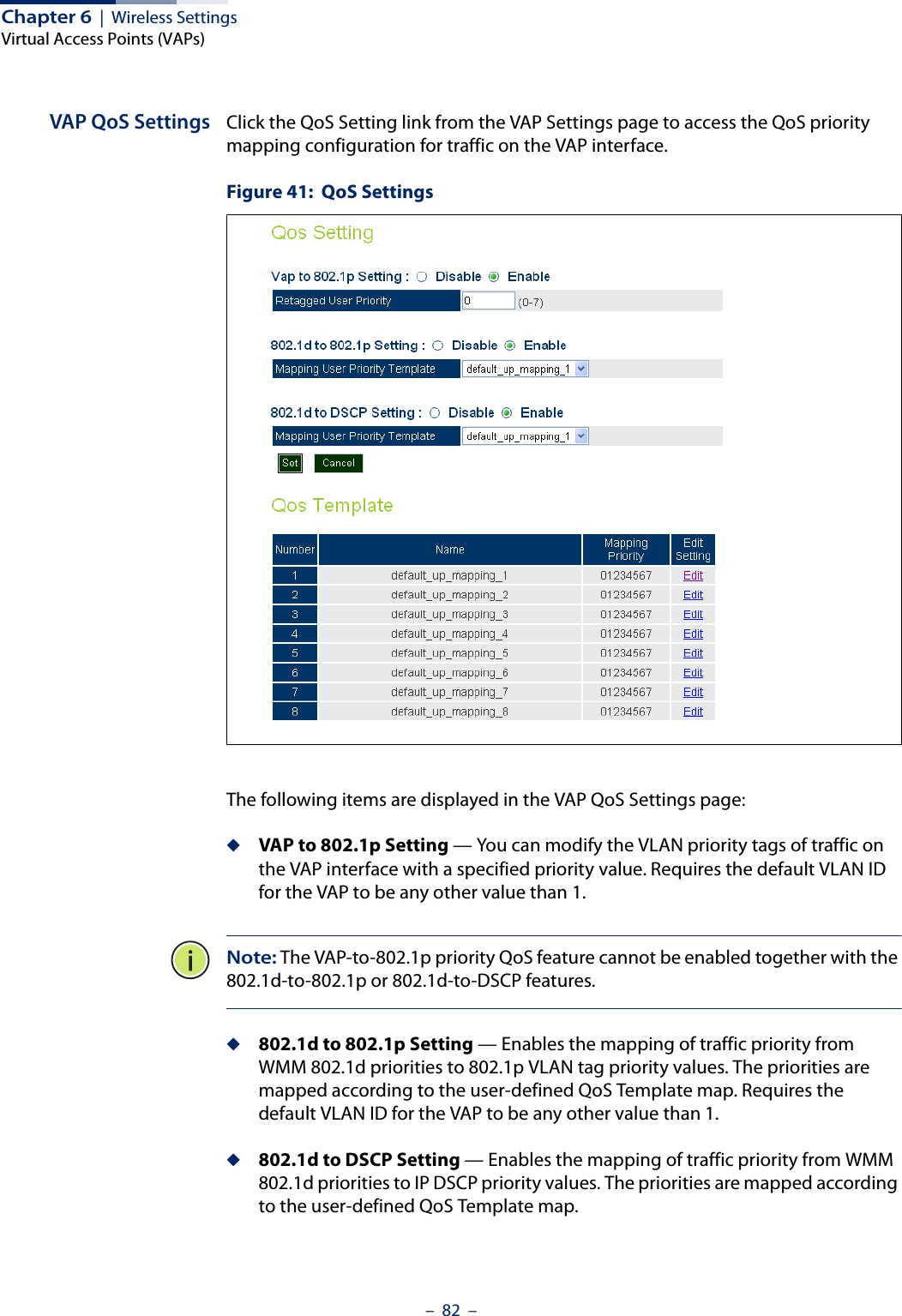 Chapter 6  |  Wireless SettingsVirtual Access Points (VAPs)–  82  –VAP QoS Settings Click the QoS Setting link from the VAP Settings page to access the QoS priority mapping configuration for traffic on the VAP interface.Figure 41:  QoS SettingsThe following items are displayed in the VAP QoS Settings page:◆VAP to 802.1p Setting — You can modify the VLAN priority tags of traffic on the VAP interface with a specified priority value. Requires the default VLAN ID for the VAP to be any other value than 1. Note: The VAP-to-802.1p priority QoS feature cannot be enabled together with the 802.1d-to-802.1p or 802.1d-to-DSCP features.◆802.1d to 802.1p Setting — Enables the mapping of traffic priority from WMM 802.1d priorities to 802.1p VLAN tag priority values. The priorities are mapped according to the user-defined QoS Template map. Requires the default VLAN ID for the VAP to be any other value than 1.◆802.1d to DSCP Setting — Enables the mapping of traffic priority from WMM 802.1d priorities to IP DSCP priority values. The priorities are mapped according to the user-defined QoS Template map. 