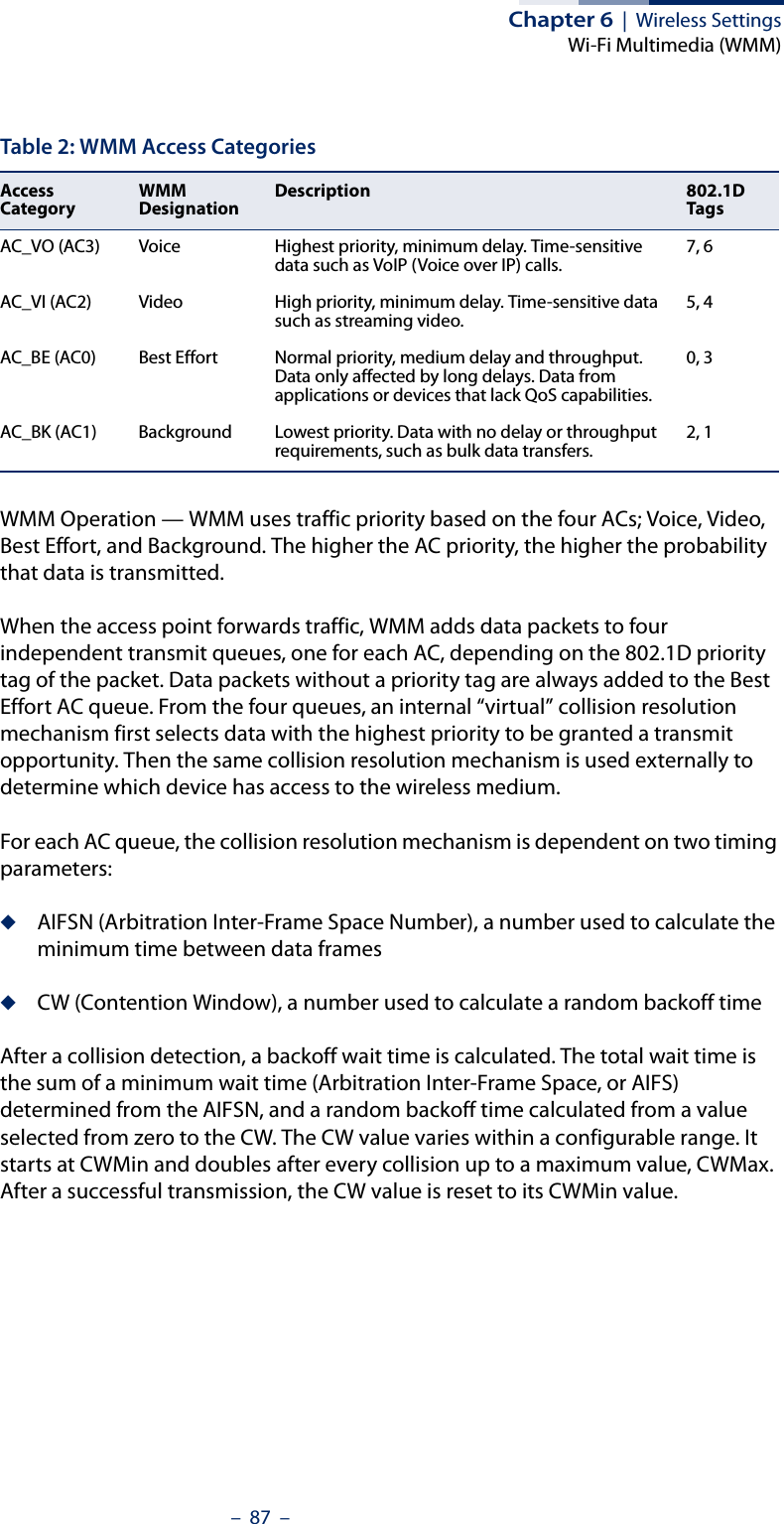 Chapter 6  |  Wireless SettingsWi-Fi Multimedia (WMM)–  87  –WMM Operation — WMM uses traffic priority based on the four ACs; Voice, Video, Best Effort, and Background. The higher the AC priority, the higher the probability that data is transmitted. When the access point forwards traffic, WMM adds data packets to four independent transmit queues, one for each AC, depending on the 802.1D priority tag of the packet. Data packets without a priority tag are always added to the Best Effort AC queue. From the four queues, an internal “virtual” collision resolution mechanism first selects data with the highest priority to be granted a transmit opportunity. Then the same collision resolution mechanism is used externally to determine which device has access to the wireless medium. For each AC queue, the collision resolution mechanism is dependent on two timing parameters:◆AIFSN (Arbitration Inter-Frame Space Number), a number used to calculate the minimum time between data frames◆CW (Contention Window), a number used to calculate a random backoff timeAfter a collision detection, a backoff wait time is calculated. The total wait time is the sum of a minimum wait time (Arbitration Inter-Frame Space, or AIFS) determined from the AIFSN, and a random backoff time calculated from a value selected from zero to the CW. The CW value varies within a configurable range. It starts at CWMin and doubles after every collision up to a maximum value, CWMax. After a successful transmission, the CW value is reset to its CWMin value.Table 2: WMM Access CategoriesAccess CategoryWMM DesignationDescription 802.1D TagsAC_VO (AC3) Voice Highest priority, minimum delay. Time-sensitive data such as VoIP (Voice over IP) calls. 7, 6AC_VI (AC2) Video High priority, minimum delay. Time-sensitive data such as streaming video. 5, 4AC_BE (AC0) Best Effort Normal priority, medium delay and throughput. Data only affected by long delays. Data from applications or devices that lack QoS capabilities.0, 3AC_BK (AC1) Background Lowest priority. Data with no delay or throughput requirements, such as bulk data transfers. 2, 1