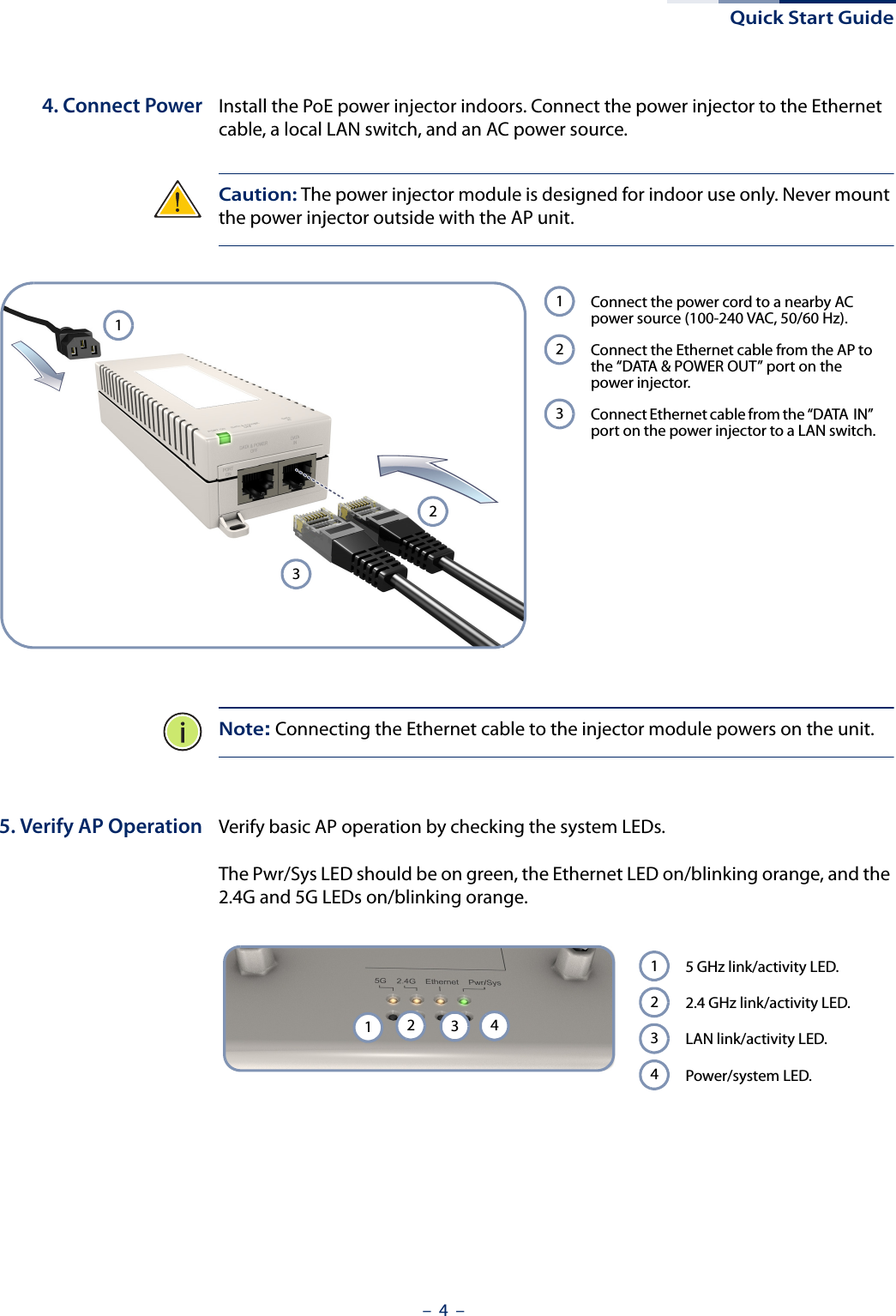 Quick Start Guide–  4  –4. Connect Power Install the PoE power injector indoors. Connect the power injector to the Ethernet cable, a local LAN switch, and an AC power source.Caution: The power injector module is designed for indoor use only. Never mount the power injector outside with the AP unit.Note: Connecting the Ethernet cable to the injector module powers on the unit.5. Verify AP Operation Verify basic AP operation by checking the system LEDs. The Pwr/Sys LED should be on green, the Ethernet LED on/blinking orange, and the 2.4G and 5G LEDs on/blinking orange.123 Connect the power cord to a nearby AC power source (100-240 VAC, 50/60 Hz).Connect the Ethernet cable from the AP to the “DATA &amp; POWER OUT” port on the power injector.Connect Ethernet cable from the “DATA  IN” port on the power injector to a LAN switch.1231234 5 GHz link/activity LED.2.4 GHz link/activity LED.LAN link/activity LED.Power/system LED.1234