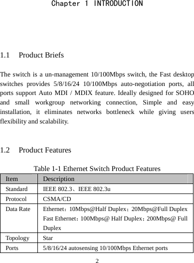   2Chapter 1 INTRODUCTION   1.1 Product Briefs  The switch is a un-management 10/100Mbps switch, the Fast desktop switches provides 5/8/16/24 10/100Mbps auto-negotiation ports, all ports support Auto MDI / MDIX feature. Ideally designed for SOHO and small workgroup networking connection, Simple and easy installation, it eliminates networks bottleneck while giving users flexibility and scalability.   1.2 Product Features  Table 1-1 Ethernet Switch Product Features Item  Description Standard  IEEE 802.3、IEEE 802.3u Protocol CSMA/CD Data Rate  Ethernet：10Mbps@Half Duplex；20Mbps@Full DuplexFast Ethernet：100Mbps@ Half Duplex；200Mbps@ Full Duplex Topology Star Ports 5/8/16/24 autosensing 10/100Mbps Ethernet ports 