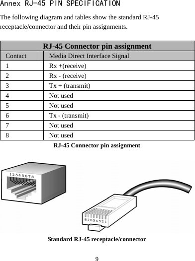   9Annex RJ-45 PIN SPECIFICATION The following diagram and tables show the standard RJ-45 receptacle/connector and their pin assignments.  RJ-45 Connector pin assignment Contact  Media Direct Interface Signal 1 Rx +(receive) 2  Rx - (receive) 3  Tx + (transmit) 4 Not used 5 Not used 6  Tx - (transmit) 7 Not used 8 Not used RJ-45 Connector pin assignment   Standard RJ-45 receptacle/connector 