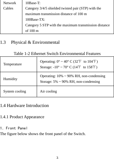   3Network Cables 10Base-T: Category 3/4/5 shielded twisted pair (STP) with the maximum transmission distance of 100 m   100Base-TX: Category 5 STP with the maximum transmission distance of 100 m     1.3 Physical &amp; Environmental  Table 1-2 Ethernet Switch Environmental Features Temperature  Operating: 0° ~ 40° C (32℉ to 104℉) Storage: -10° ~ 70° C (14℉ to 158℉) Humidity  Operating: 10% ~ 90% RH, non-condensing Storage: 5% ~ 90% RH, non-condensing System cooling  Air cooling  1.4 Hardware Introduction  1.4.1 Product Appearance  1．Front Panel The figure below shows the front panel of the Switch.   