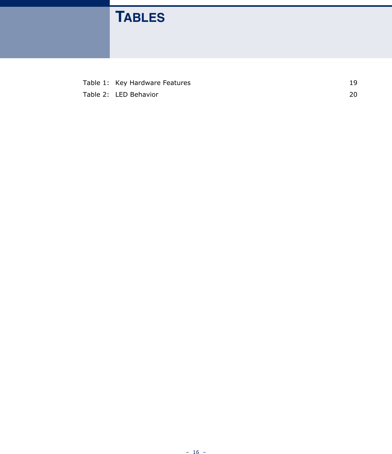 –  16  –TABLESTable 1: Key Hardware Features  19Table 2: LED Behavior  20