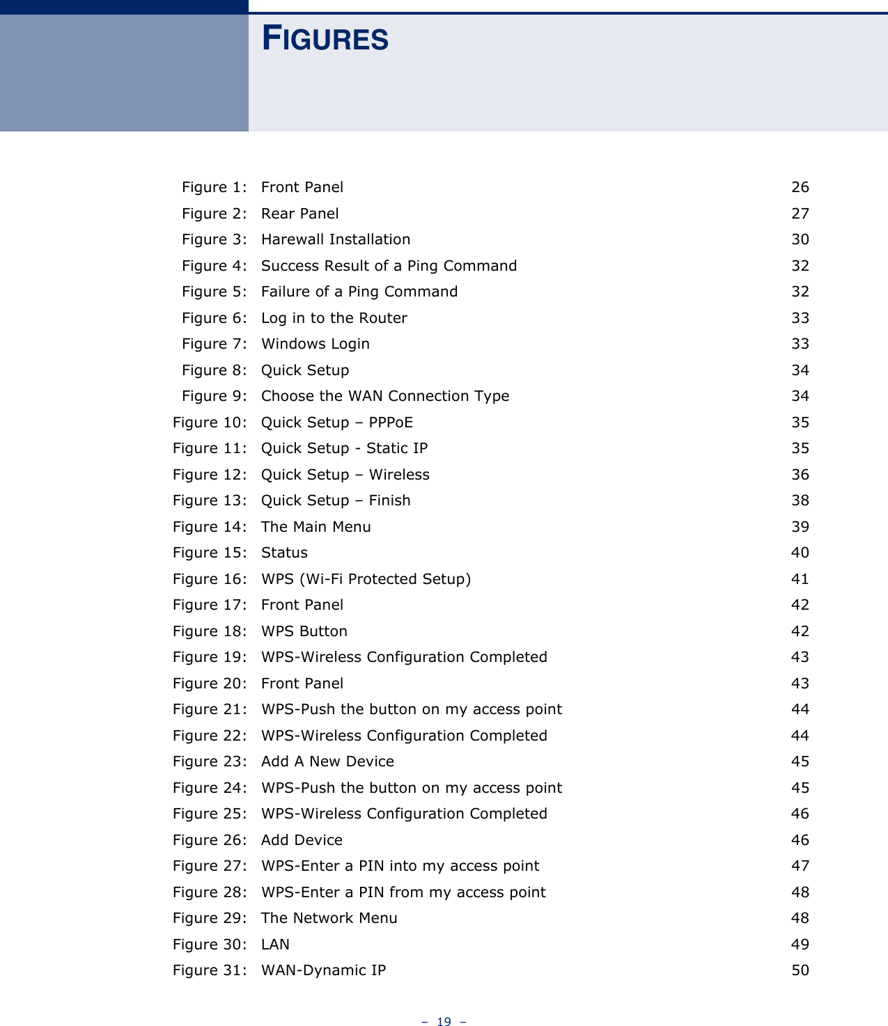 –  19  –FIGURESFigure 1: Front Panel 26Figure 2: Rear Panel 27Figure 3: Harewall Installation 30Figure 4: Success Result of a Ping Command 32Figure 5: Failure of a Ping Command 32Figure 6: Log in to the Router 33Figure 7: Windows Login 33Figure 8: Quick Setup 34Figure 9: Choose the WAN Connection Type 34Figure 10: Quick Setup – PPPoE 35Figure 11: Quick Setup - Static IP 35Figure 12: Quick Setup – Wireless 36Figure 13: Quick Setup – Finish 38Figure 14: The Main Menu 39Figure 15: Status 40Figure 16: WPS (Wi-Fi Protected Setup) 41Figure 17: Front Panel 42Figure 18: WPS Button 42Figure 19: WPS-Wireless Configuration Completed 43Figure 20: Front Panel 43Figure 21: WPS-Push the button on my access point 44Figure 22: WPS-Wireless Configuration Completed 44Figure 23: Add A New Device 45Figure 24: WPS-Push the button on my access point 45Figure 25: WPS-Wireless Configuration Completed 46Figure 26: Add Device 46Figure 27: WPS-Enter a PIN into my access point 47Figure 28: WPS-Enter a PIN from my access point 48Figure 29: The Network Menu 48Figure 30: LAN 49Figure 31: WAN-Dynamic IP 50