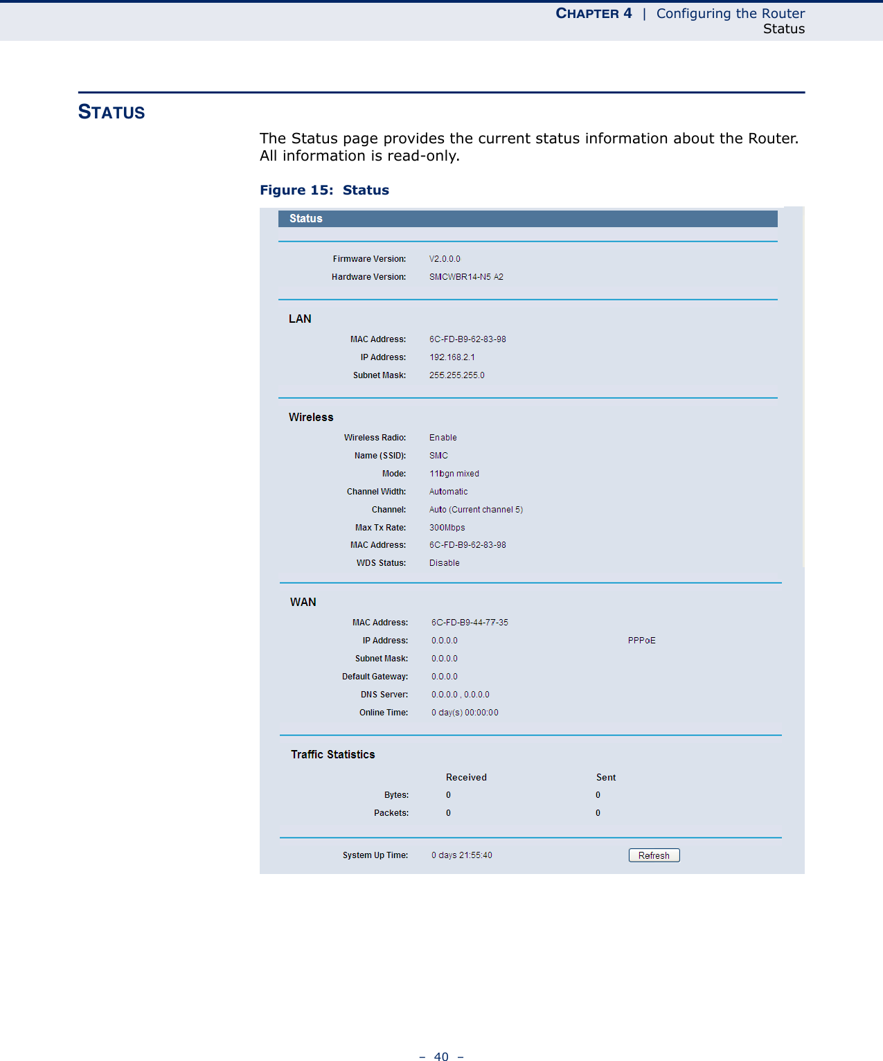 CHAPTER 4  |  Configuring the RouterStatus–  40  –STATUSThe Status page provides the current status information about the Router. All information is read-only.Figure 15:  Status