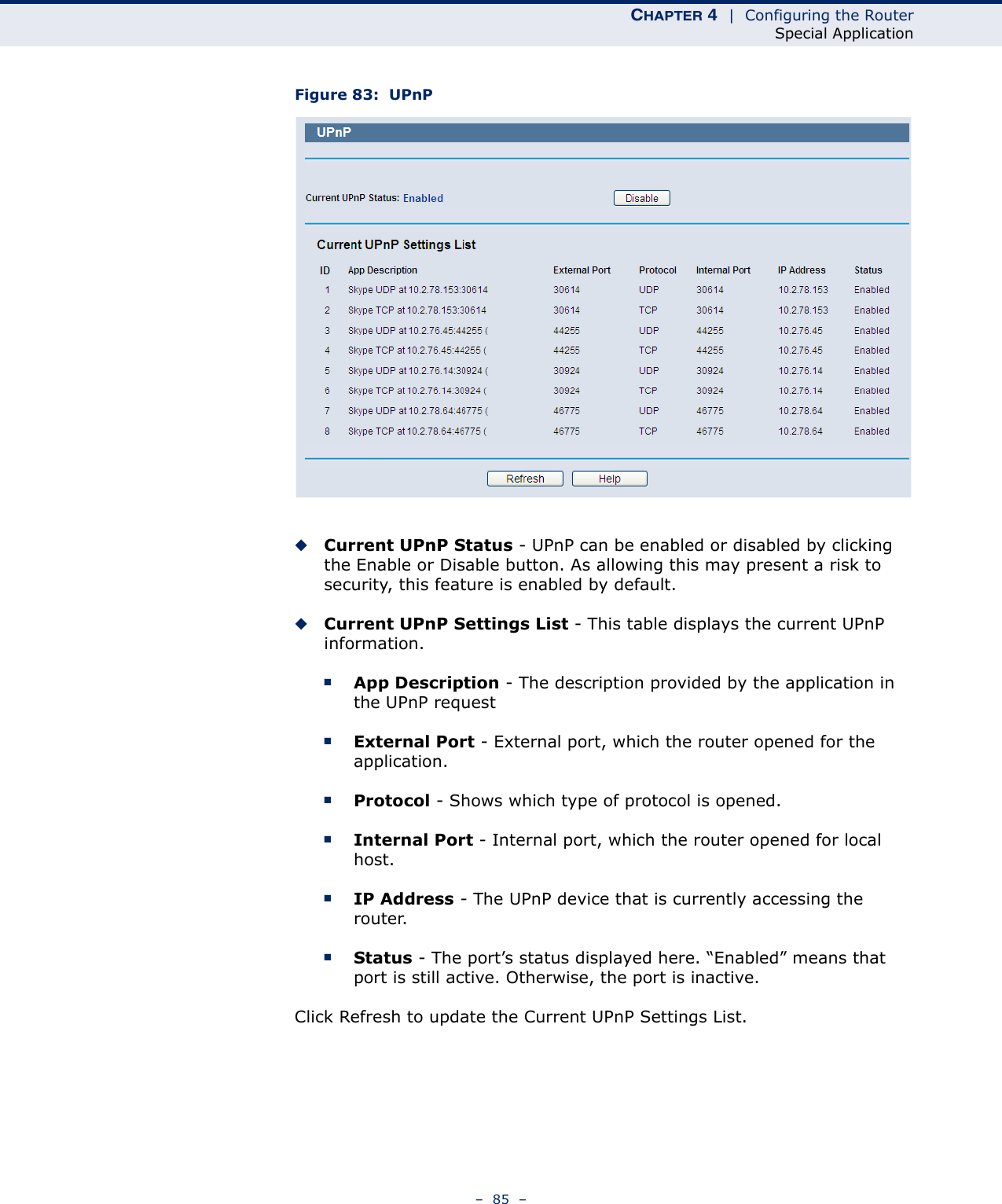 CHAPTER 4  |  Configuring the RouterSpecial Application–  85  –Figure 83:  UPnP◆Current UPnP Status - UPnP can be enabled or disabled by clicking the Enable or Disable button. As allowing this may present a risk to security, this feature is enabled by default. ◆Current UPnP Settings List - This table displays the current UPnP information.■App Description - The description provided by the application in the UPnP request■External Port - External port, which the router opened for the application.■Protocol - Shows which type of protocol is opened.■Internal Port - Internal port, which the router opened for local host.■IP Address - The UPnP device that is currently accessing the router.■Status - The port’s status displayed here. “Enabled” means that port is still active. Otherwise, the port is inactive.Click Refresh to update the Current UPnP Settings List. 