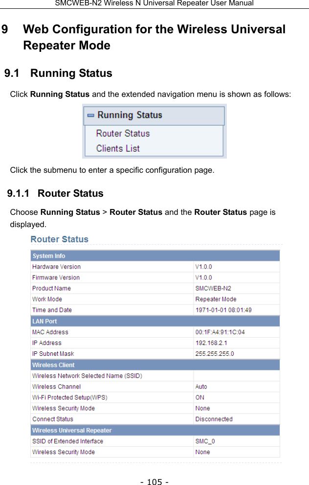 SMCWEB-N2 Wireless N Universal Repeater User Manual - 105 - 9   Web Configuration for the Wireless Universal Repeater Mode 9.1   Running Status Click Running Status and the extended navigation menu is shown as follows:    Click the submenu to enter a specific configuration page. 9.1.1   Router Status Choose Running Status &gt; Router Status and the Router Status page is displayed.  
