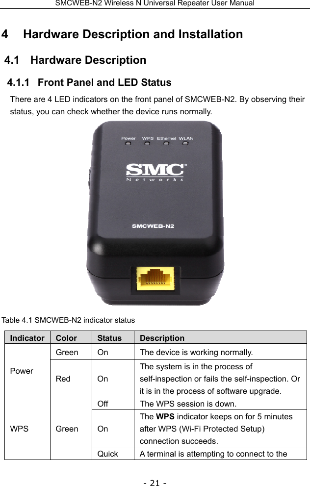 SMCWEB-N2 Wireless N Universal Repeater User Manual - 21 - 4   Hardware Description and Installation 4.1   Hardware Description 4.1.1   Front Panel and LED Status There are 4 LED indicators on the front panel of SMCWEB-N2. By observing their status, you can check whether the device runs normally.  Table 4.1 SMCWEB-N2 indicator status Indicator  Color  Status  Description Power Green  On  The device is working normally. Red On The system is in the process of self-inspection or fails the self-inspection. Or it is in the process of software upgrade. WPS Green Off  The WPS session is down. On The WPS indicator keeps on for 5 minutes after WPS (Wi-Fi Protected Setup) connection succeeds. Quick  A terminal is attempting to connect to the 