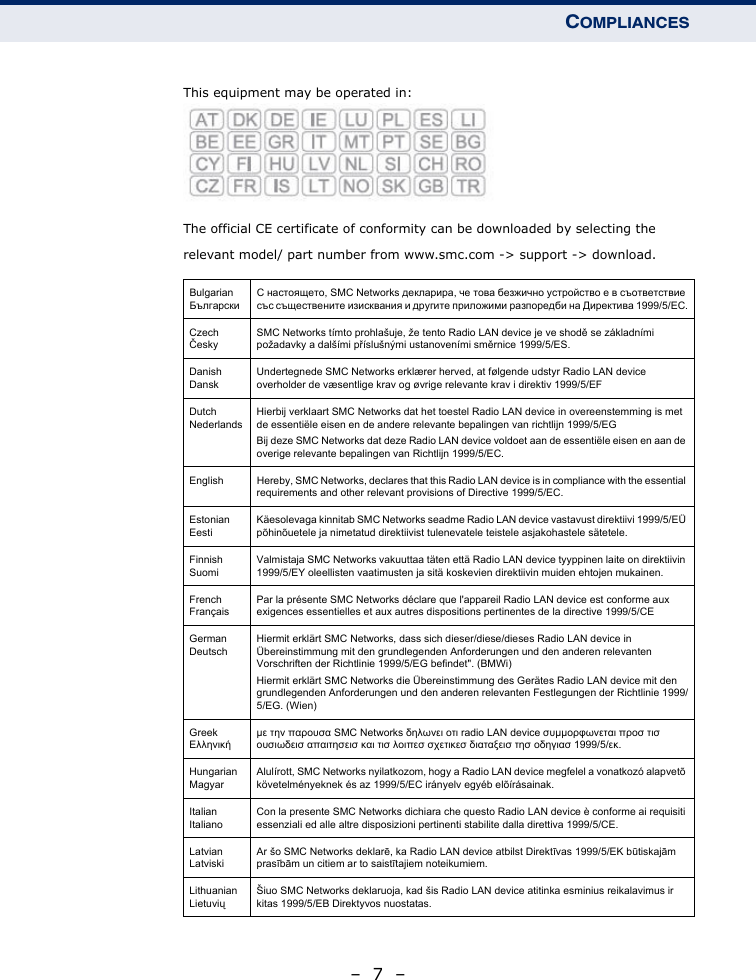 This equipment may be operated in:The official CE certificate of conformity can be downloaded by selecting therelevant model/ part number from www.smc.com -&gt; support -&gt; download.BulgarianБългарскиС настоящето, SMC Networks декларира, че това безжично устройство е в съответствие със съществените изисквания и другите приложими разпоредби на Директива 1999/5/EC.CzechČeskySMC Networks tímto prohlašuje, že tento Radio LAN device je ve shodě se základními požadavky a dalšími příslušnými ustanoveními směrnice 1999/5/ES.DanishDanskUndertegnede SMC Networks erklærer herved, at følgende udstyr Radio LAN device overholder de væsentlige krav og øvrige relevante krav i direktiv 1999/5/EFDutchNederlandsHierbij verklaart SMC Networks dat het toestel Radio LAN device in overeenstemming is met de essentiële eisen en de andere relevante bepalingen van richtlijn 1999/5/EGBij deze SMC Networks dat deze Radio LAN device voldoet aan de essentiële eisen en aan de overige relevante bepalingen van Richtlijn 1999/5/EC.English Hereby, SMC Networks, declares that this Radio LAN device is in compliance with the essential requirements and other relevant provisions of Directive 1999/5/EC.EstonianEestiKäesolevaga kinnitab SMC Networks seadme Radio LAN device vastavust direktiivi 1999/5/EÜ põhinõuetele ja nimetatud direktiivist tulenevatele teistele asjakohastele sätetele.FinnishSuomiValmistaja SMC Networks vakuuttaa täten että Radio LAN device tyyppinen laite on direktiivin 1999/5/EY oleellisten vaatimusten ja sitä koskevien direktiivin muiden ehtojen mukainen.FrenchFrançaisPar la présente SMC Networks déclare que l&apos;appareil Radio LAN device est conforme aux exigences essentielles et aux autres dispositions pertinentes de la directive 1999/5/CEGermanDeutschHiermit erklärt SMC Networks, dass sich dieser/diese/dieses Radio LAN device in Übereinstimmung mit den grundlegenden Anforderungen und den anderen relevanten Vorschriften der Richtlinie 1999/5/EG befindet&quot;. (BMWi)Hiermit erklärt SMC Networks die Übereinstimmung des Gerätes Radio LAN device mit den grundlegenden Anforderungen und den anderen relevanten Festlegungen der Richtlinie 1999/5/EG. (Wien)GreekΕλληνικήμε την παρουσα SMC Networks δηλωνει οτι radio LAN device συμμορφωνεται προσ τισ ουσιωδεισ απαιτησεισ και τισ λοιπεσ σχετικεσ διαταξεισ τησ οδηγιασ 1999/5/εκ.HungarianMagyarAlulírott, SMC Networks nyilatkozom, hogy a Radio LAN device megfelel a vonatkozó alapvetõ követelményeknek és az 1999/5/EC irányelv egyéb elõírásainak.ItalianItalianoCon la presente SMC Networks dichiara che questo Radio LAN device è conforme ai requisiti essenziali ed alle altre disposizioni pertinenti stabilite dalla direttiva 1999/5/CE.LatvianLatviskiAr šo SMC Networks deklarē, ka Radio LAN device atbilst Direktīvas 1999/5/EK būtiskajām prasībām un citiem ar to saistītajiem noteikumiem.LithuanianLietuviųŠiuo SMC Networks deklaruoja, kad šis Radio LAN device atitinka esminius reikalavimus ir kitas 1999/5/EB Direktyvos nuostatas.COMPLIANCES–  7  –