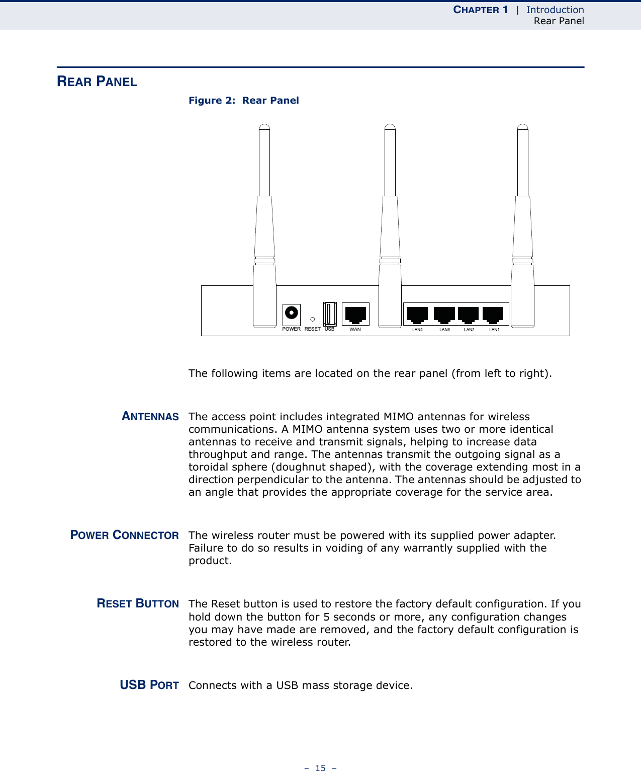 CHAPTER 1  |  IntroductionRear Panel–  15  –REAR PANELFigure 2:  Rear PanelThe following items are located on the rear panel (from left to right).ANTENNAS The access point includes integrated MIMO antennas for wireless communications. A MIMO antenna system uses two or more identical antennas to receive and transmit signals, helping to increase data throughput and range. The antennas transmit the outgoing signal as a toroidal sphere (doughnut shaped), with the coverage extending most in a direction perpendicular to the antenna. The antennas should be adjusted to an angle that provides the appropriate coverage for the service area. POWER CONNECTOR The wireless router must be powered with its supplied power adapter. Failure to do so results in voiding of any warrantly supplied with the product.  RESET BUTTON The Reset button is used to restore the factory default configuration. If you hold down the button for 5 seconds or more, any configuration changes you may have made are removed, and the factory default configuration is restored to the wireless router. USB PORT Connects with a USB mass storage device.POWER RESET USB