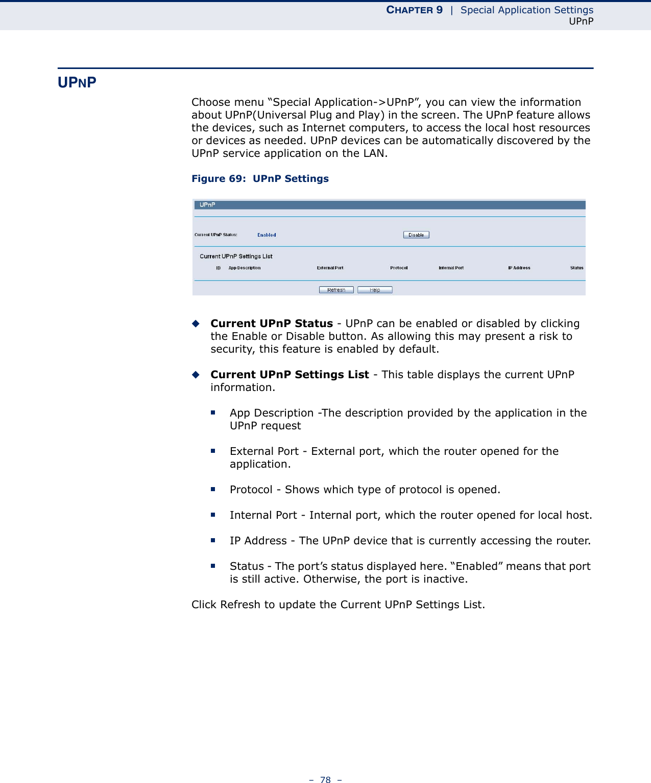 CHAPTER 9  |  Special Application SettingsUPnP–  78  –UPNPChoose menu “Special Application-&gt;UPnP”, you can view the information about UPnP(Universal Plug and Play) in the screen. The UPnP feature allows the devices, such as Internet computers, to access the local host resources or devices as needed. UPnP devices can be automatically discovered by the UPnP service application on the LAN. Figure 69:  UPnP SettingsCurrent UPnP Status - UPnP can be enabled or disabled by clicking the Enable or Disable button. As allowing this may present a risk to security, this feature is enabled by default. Current UPnP Settings List - This table displays the current UPnP information.App Description -The description provided by the application in the UPnP requestExternal Port - External port, which the router opened for the application.Protocol - Shows which type of protocol is opened.Internal Port - Internal port, which the router opened for local host.IP Address - The UPnP device that is currently accessing the router.Status - The port’s status displayed here. “Enabled” means that port is still active. Otherwise, the port is inactive.Click Refresh to update the Current UPnP Settings List. 