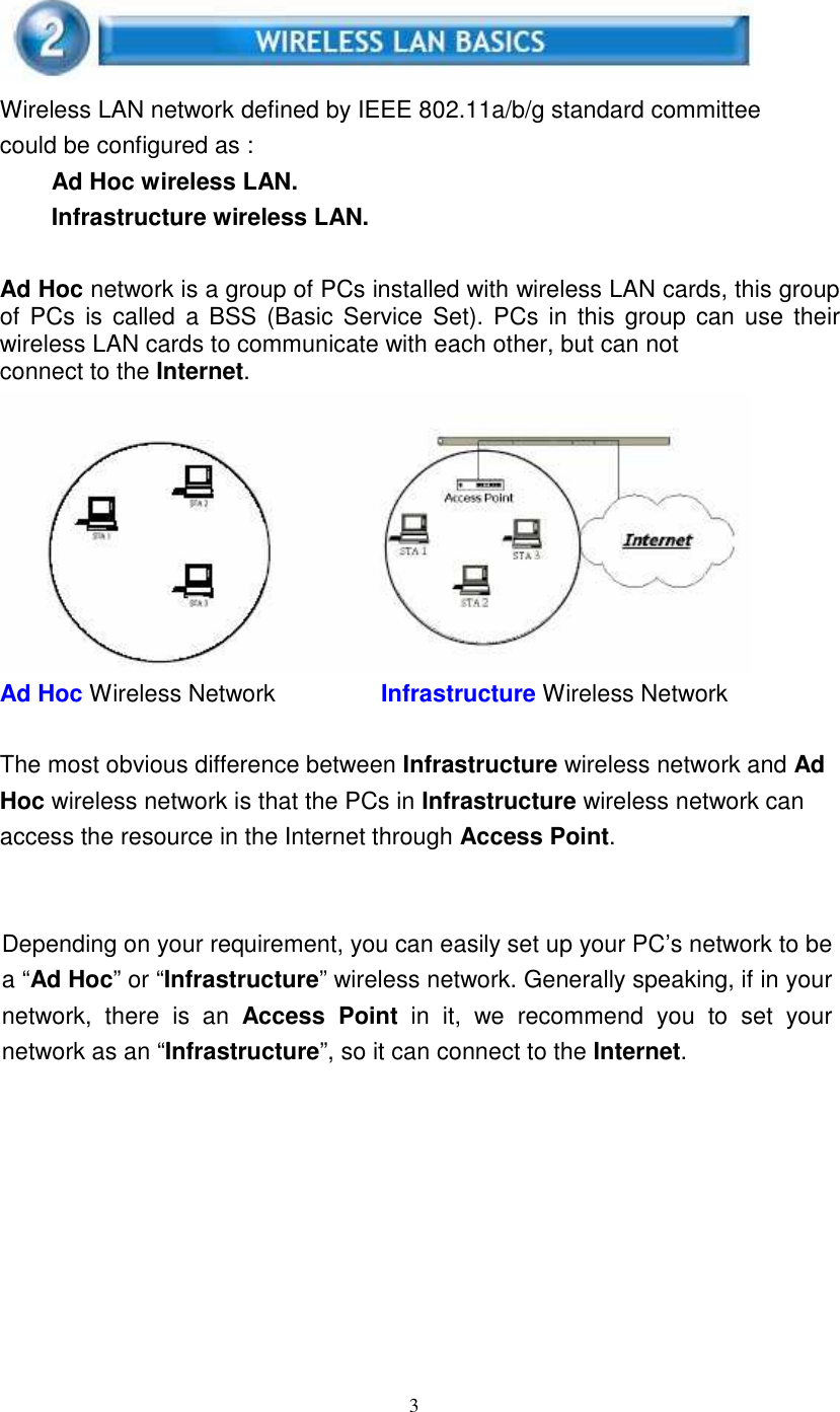 3Wireless LAN network defined by IEEE 802.11a/b/g standard committeecould be configured as :Ad Hoc wireless LAN.Infrastructure wireless LAN.Ad Hoc network is a group of PCs installed with wireless LAN cards, this groupof PCs is called a BSS (Basic Service Set). PCs in this group can use theirwireless LAN cards to communicate with each other, but can notconnect to the Internet.Ad Hoc Wireless Network Infrastructure Wireless NetworkThe most obvious difference between Infrastructure wireless network and AdHoc wireless network is that the PCs in Infrastructure wireless network canaccess the resource in the Internet through Access Point.Depending on your requirement, you can easily set up your PC’s network to bea “Ad Hoc” or “Infrastructure” wireless network. Generally speaking, if in yournetwork, there is an Access Point in it, we recommend you to set yournetwork as an “Infrastructure”, so it can connect to the Internet.