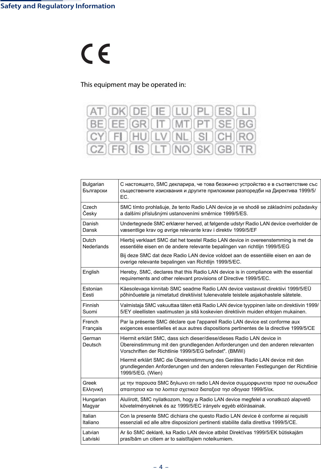 Safety and Regulatory Information–  4  –This equipment may be operated in:BulgarianБългарскиС настоящето, SMC декларира, че това безжично устройство е в съответствие със съществените изисквания и другите приложими разпоредби на Директива 1999/5/EC.CzechČeskySMC tímto prohlašuje, že tento Radio LAN device je ve shodě se základními požadavky a dalšími příslušnými ustanoveními směrnice 1999/5/ES.DanishDanskUndertegnede SMC erklærer herved, at følgende udstyr Radio LAN device overholder de væsentlige krav og øvrige relevante krav i direktiv 1999/5/EFDutchNederlandsHierbij verklaart SMC dat het toestel Radio LAN device in overeenstemming is met de essentiële eisen en de andere relevante bepalingen van richtlijn 1999/5/EGBij deze SMC dat deze Radio LAN device voldoet aan de essentiële eisen en aan de overige relevante bepalingen van Richtlijn 1999/5/EC.English Hereby, SMC, declares that this Radio LAN device is in compliance with the essential requirements and other relevant provisions of Directive 1999/5/EC.EstonianEestiKäesolevaga kinnitab SMC seadme Radio LAN device vastavust direktiivi 1999/5/EÜ põhinõuetele ja nimetatud direktiivist tulenevatele teistele asjakohastele sätetele.FinnishSuomiValmistaja SMC vakuuttaa täten että Radio LAN device tyyppinen laite on direktiivin 1999/5/EY oleellisten vaatimusten ja sitä koskevien direktiivin muiden ehtojen mukainen.FrenchFrançaisPar la présente SMC déclare que l&apos;appareil Radio LAN device est conforme aux exigences essentielles et aux autres dispositions pertinentes de la directive 1999/5/CEGermanDeutschHiermit erklärt SMC, dass sich dieser/diese/dieses Radio LAN device in Übereinstimmung mit den grundlegenden Anforderungen und den anderen relevanten Vorschriften der Richtlinie 1999/5/EG befindet&quot;. (BMWi)Hiermit erklärt SMC die Übereinstimmung des Gerätes Radio LAN device mit den grundlegenden Anforderungen und den anderen relevanten Festlegungen der Richtlinie 1999/5/EG. (Wien)GreekΕλληνικήμε την παρουσα SMC δηλωνει οτι radio LAN device συμμορφωνεται προσ τισ ουσιωδεισ απαιτησεισ και τισ λοιπεσ σχετικεσ διαταξεισ τησ οδηγιασ 1999/5/εκ.HungarianMagyarAlulírott, SMC nyilatkozom, hogy a Radio LAN device megfelel a vonatkozó alapvetõ követelményeknek és az 1999/5/EC irányelv egyéb elõírásainak.ItalianItalianoCon la presente SMC dichiara che questo Radio LAN device è conforme ai requisiti essenziali ed alle altre disposizioni pertinenti stabilite dalla direttiva 1999/5/CE.LatvianLatviskiAr šo SMC deklarē, ka Radio LAN device atbilst Direktīvas 1999/5/EK būtiskajām prasībām un citiem ar to saistītajiem noteikumiem.