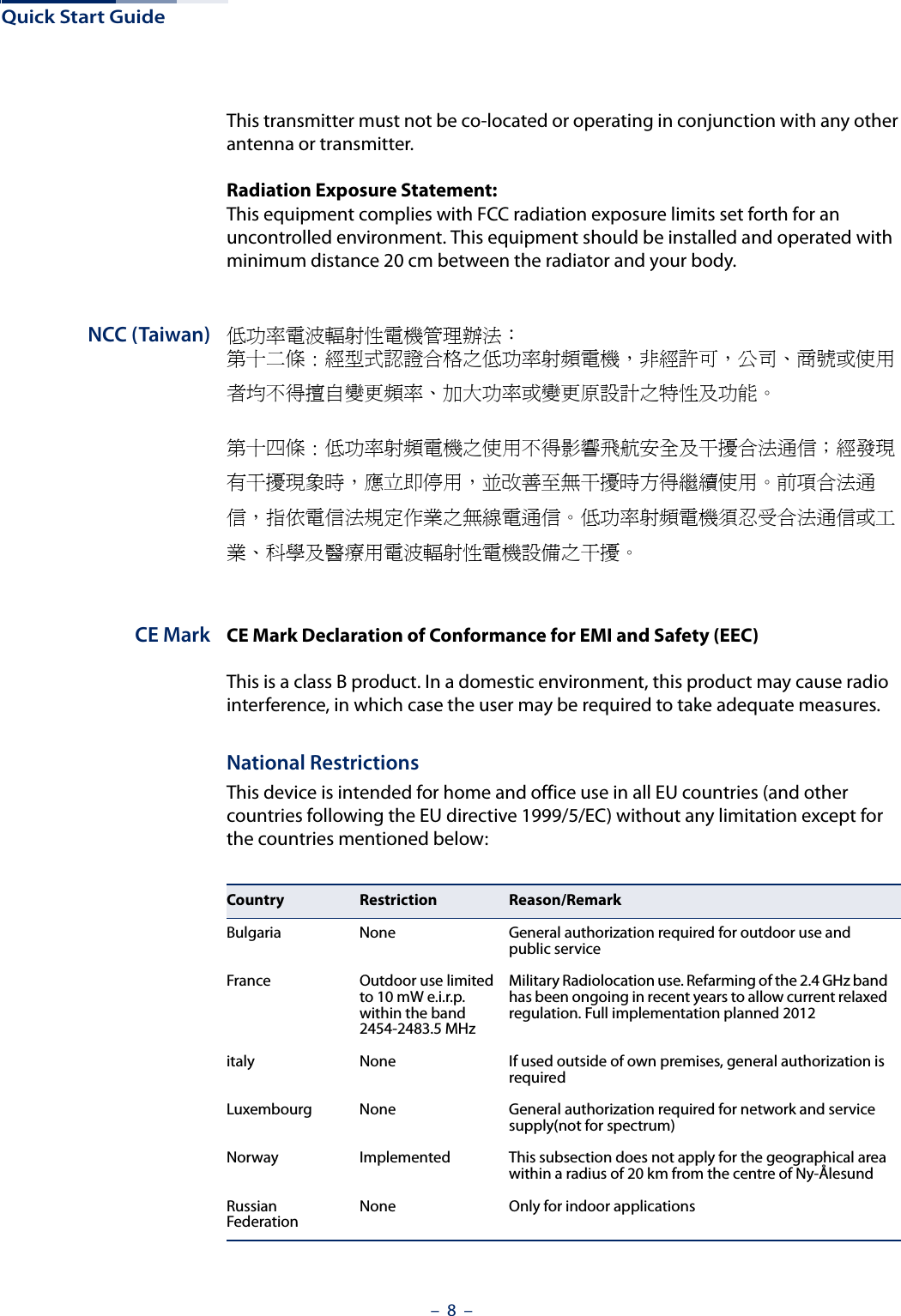 Quick Start Guide–  8  –This transmitter must not be co-located or operating in conjunction with any other antenna or transmitter.Radiation Exposure Statement: This equipment complies with FCC radiation exposure limits set forth for an uncontrolled environment. This equipment should be installed and operated with minimum distance 20 cm between the radiator and your body.NCC (Taiwan) 低功率電波輻射性電機管理辦法：第十二條 : 經型式認證合格之低功率射頻電機，非經許可，公司、商號或使用者均不得擅自變更頻率、加大功率或變更原設計之特性及功能。第十四條 : 低功率射頻電機之使用不得影響飛航安全及干擾合法通信；經發現有干擾現象時，應立即停用，並改善至無干擾時方得繼續使用。前項合法通信，指依電信法規定作業之無線電通信。低功率射頻電機須忍受合法通信或工業、科學及醫療用電波輻射性電機設備之干擾。CE Mark CE Mark Declaration of Conformance for EMI and Safety (EEC)This is a class B product. In a domestic environment, this product may cause radio interference, in which case the user may be required to take adequate measures.National RestrictionsThis device is intended for home and office use in all EU countries (and other countries following the EU directive 1999/5/EC) without any limitation except for the countries mentioned below:Country Restriction Reason/RemarkBulgaria None General authorization required for outdoor use and public serviceFrance Outdoor use limited to 10 mW e.i.r.p. within the band 2454-2483.5 MHzMilitary Radiolocation use. Refarming of the 2.4 GHz band has been ongoing in recent years to allow current relaxed regulation. Full implementation planned 2012italy None If used outside of own premises, general authorization is requiredLuxembourg None General authorization required for network and service supply(not for spectrum)Norway Implemented This subsection does not apply for the geographical area within a radius of 20 km from the centre of Ny-ÅlesundRussian Federation None Only for indoor applications