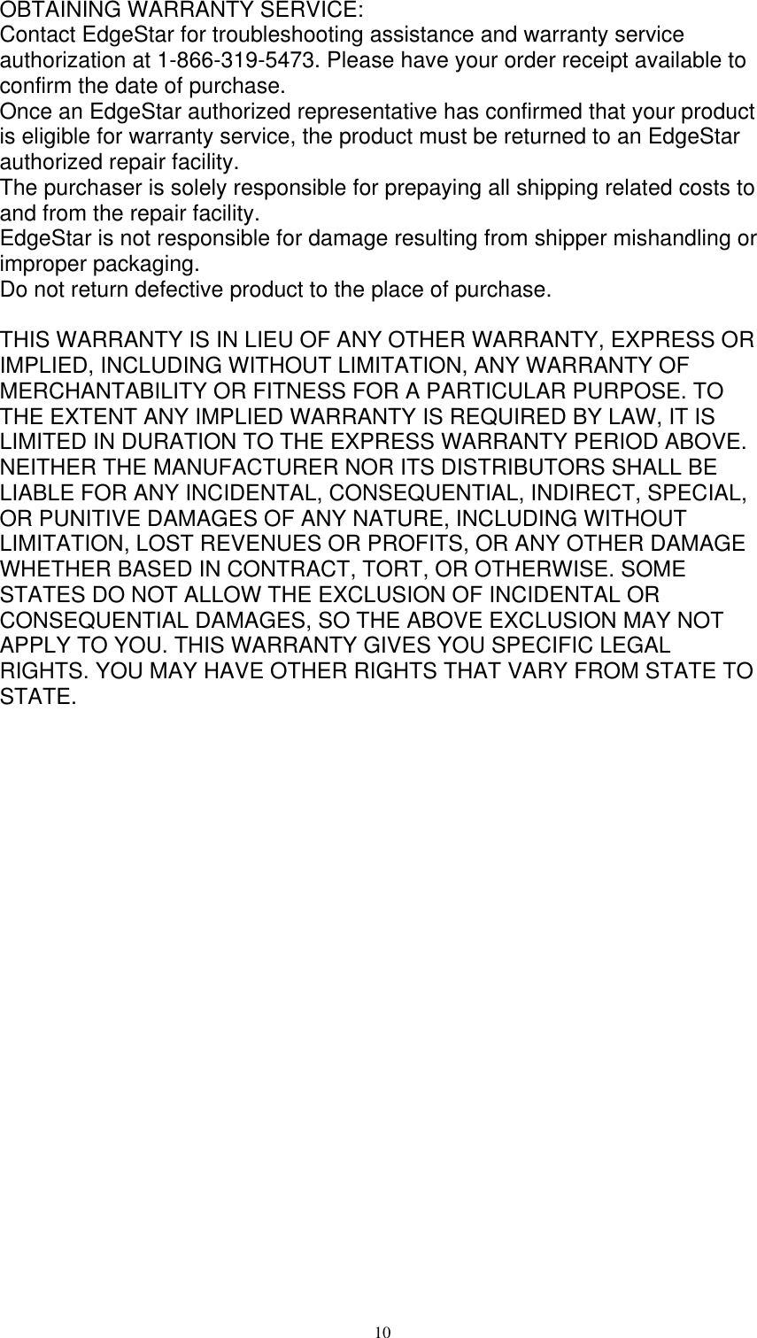 Page 10 of 10 - Edgestar Edgestar-Wine-Cooler-Twr215Ess-Users-Manual- Table Of Contents  Edgestar-wine-cooler-twr215ess-users-manual