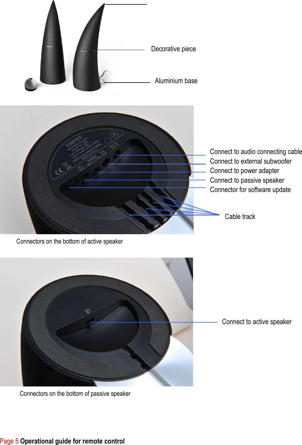        Connectors on the bottom of active speaker     Connectors on the bottom of passive speaker     Page 5 Operational guide for remote control Decorative piece Aluminium base Connect to audio connecting cable Connect to external subwoofer Connect to power adapter Connect to passive speaker   Connector for software update Connect to active speaker   Cable track 