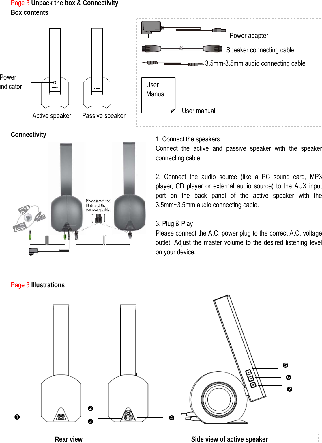 Page 3 Unpack the box &amp; Connectivity Box contents       Active speaker   Passive speaker  Connectivity    Page 3 Illustrations      Rear view                                Side view of active speaker  Power adapter    Speaker connecting cable  3.5mm-3.5mm audio connecting cable   User Manual   User manual n opqtsrPower indicator 1. Connect the speakers Connect the active and passive speaker with the speaker connecting cable.  2. Connect the audio source (like a PC sound card, MP3 player, CD player or external audio source) to the AUX input port on the back panel of the active speaker with the 3.5mm~3.5mm audio connecting cable.  3. Plug &amp; Play Please connect the A.C. power plug to the correct A.C. voltage outlet. Adjust the master volume to the desired listening level on your device.  