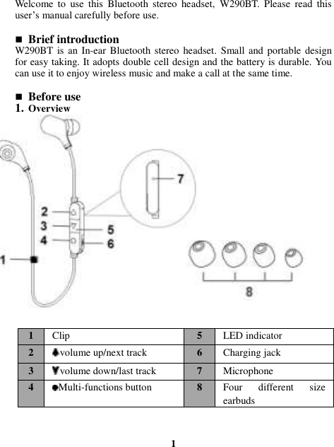 Welcome  to  use  this  Bluetooth  stereo  headset,  W290BT.  Please  read  this user’s manual carefully before use.   Brief introduction W290BT  is an In-ear Bluetooth  stereo  headset. Small and  portable  design for easy taking. It adopts double cell design and the battery is durable. You can use it to enjoy wireless music and make a call at the same time.     Before use 1. Overview                                                                                                                        1 1 Clip 5 LED indicator 2 volume up/next track 6 Charging jack 3 volume down/last track 7 Microphone 4 Multi-functions button 8 Four  different  size earbuds 