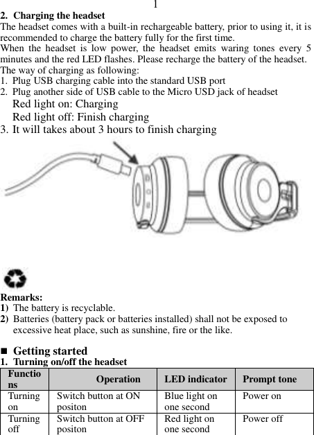 1 2. Charging the headset The headset comes with a built-in rechargeable battery, prior to using it, it is recommended to charge the battery fully for the first time. When  the  headset  is  low  power,  the  headset  emits  waring  tones  every 5 minutes and the red LED flashes. Please recharge the battery of the headset. The way of charging as following: 1. Plug USB charging cable into the standard USB port   2. Plug another side of USB cable to the Micro USD jack of headset Red light on: Charging Red light off: Finish charging 3. It will takes about 3 hours to finish charging             Remarks: 1) The battery is recyclable.   2) Batteries (battery pack or batteries installed) shall not be exposed to excessive heat place, such as sunshine, fire or the like.   Getting started 1. Turning on/off the headset Functions Operation LED indicator Prompt tone   Turning on Switch button at ON positon   Blue light on one second Power on   Turning off Switch button at OFF   positon  Red light on one second Power off  