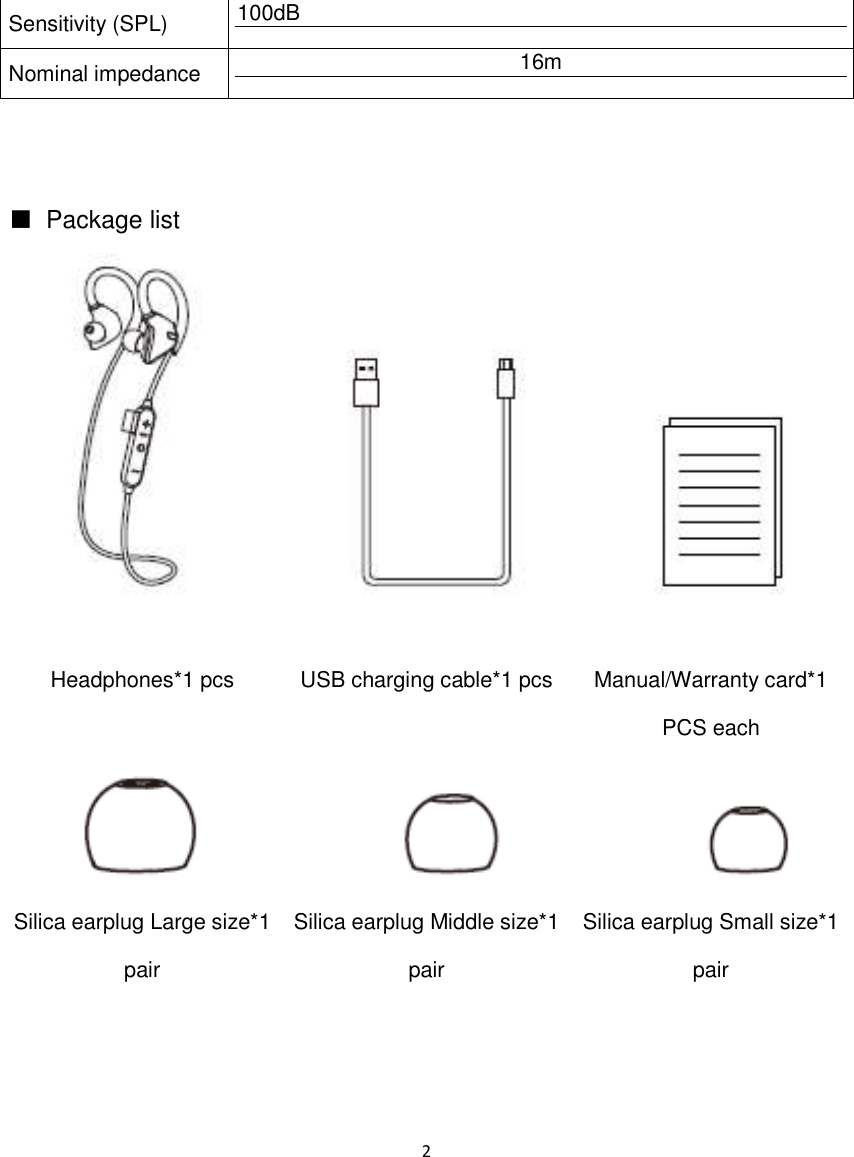 2  Sensitivity (SPL) 100dB Nominal impedance 16m   ■  Package list   Headphones*1 pcs USB charging cable*1 pcs Manual/Warranty card*1 PCS each  Silica earplug Large size*1 pair Silica earplug Middle size*1 pair Silica earplug Small size*1 pair 