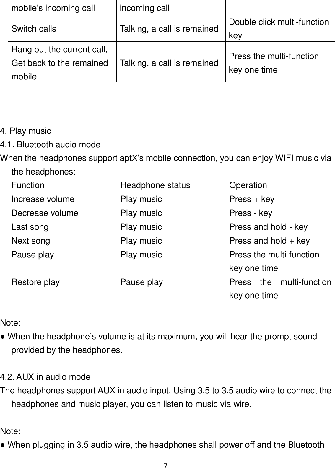 7 mobile’s incoming call incoming call Switch calls Talking, a call is remained Double click multi-function key Hang out the current call, Get back to the remained mobile Talking, a call is remained Press the multi-function key one time    4. Play music 4.1. Bluetooth audio mode When the headphones support aptX’s mobile connection, you can enjoy WIFI music via the headphones: Function Headphone status Operation Increase volume Play music Press + key Decrease volume Play music Press - key Last song Play music Press and hold - key Next song Play music Press and hold + key Pause play Play music Press the multi-function key one time Restore play Pause play Press  the  multi-function key one time  Note: ● When the headphone’s volume is at its maximum, you will hear the prompt sound provided by the headphones.  4.2. AUX in audio mode The headphones support AUX in audio input. Using 3.5 to 3.5 audio wire to connect the headphones and music player, you can listen to music via wire.  Note: ● When plugging in 3.5 audio wire, the headphones shall power off and the Bluetooth 