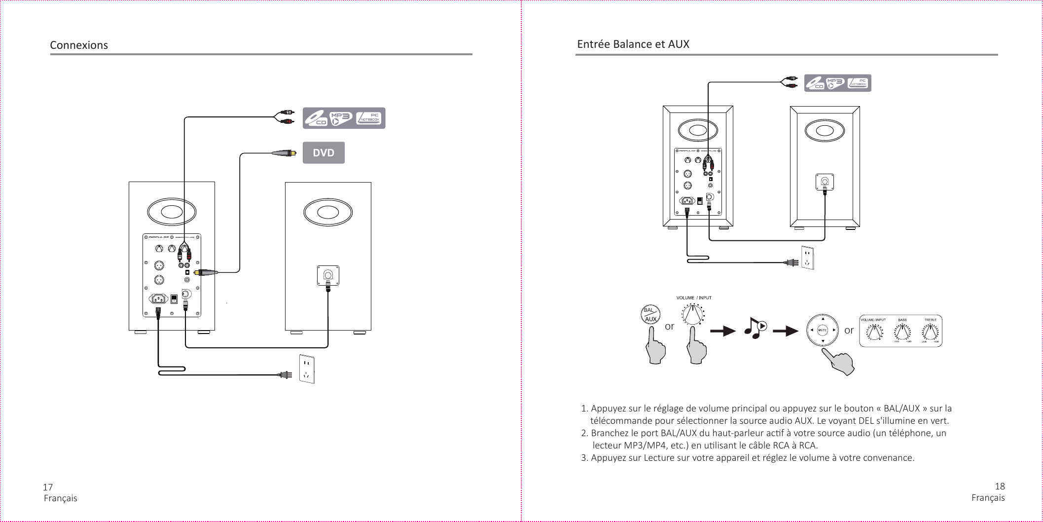 17 18Entrée Balance et AUXConnexions1. Appuyez sur le réglage de volume principal ou appuyez sur le bouton « BAL/AUX » sur la     télécommande pour séleconner la source audio AUX. Le voyant DEL s&apos;illumine en vert.2. Branchez le port BAL/AUX du haut-parleur acf à votre source audio (un téléphone, un      lecteur MP3/MP4, etc.) en ulisant le câble RCA à RCA.3. Appuyez sur Lecture sur votre appareil et réglez le volume à votre convenance.orBALorFrançais Français