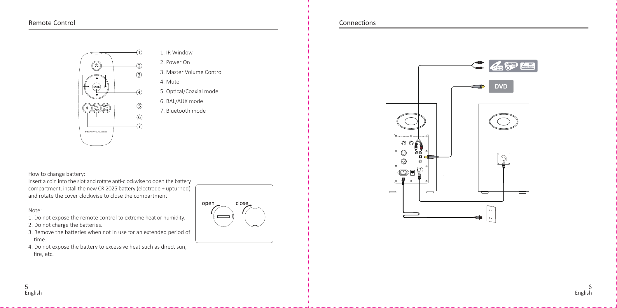 5 6②③ ④① ⑥⑤⑦ＢＡＬConnecons1. IR Window2. Power On3. Master Volume Control4. Mute5. Opcal/Coaxial mode6. BAL/AUX mode7. Bluetooth modeHow to change baery:Insert a coin into the slot and rotate an-clockwise to open the baerycompartment, install the new CR 2025 baery (electrode + upturned)and rotate the cover clockwise to close the compartment.Note:1. Do not expose the remote control to extreme heat or humidity.2. Do not charge the baeries.3. Remove the baeries when not in use for an extended period of    me.4. Do not expose the baery to excessive heat such as direct sun,    ﬁre, etc.open closeRemote ControlEnglish English