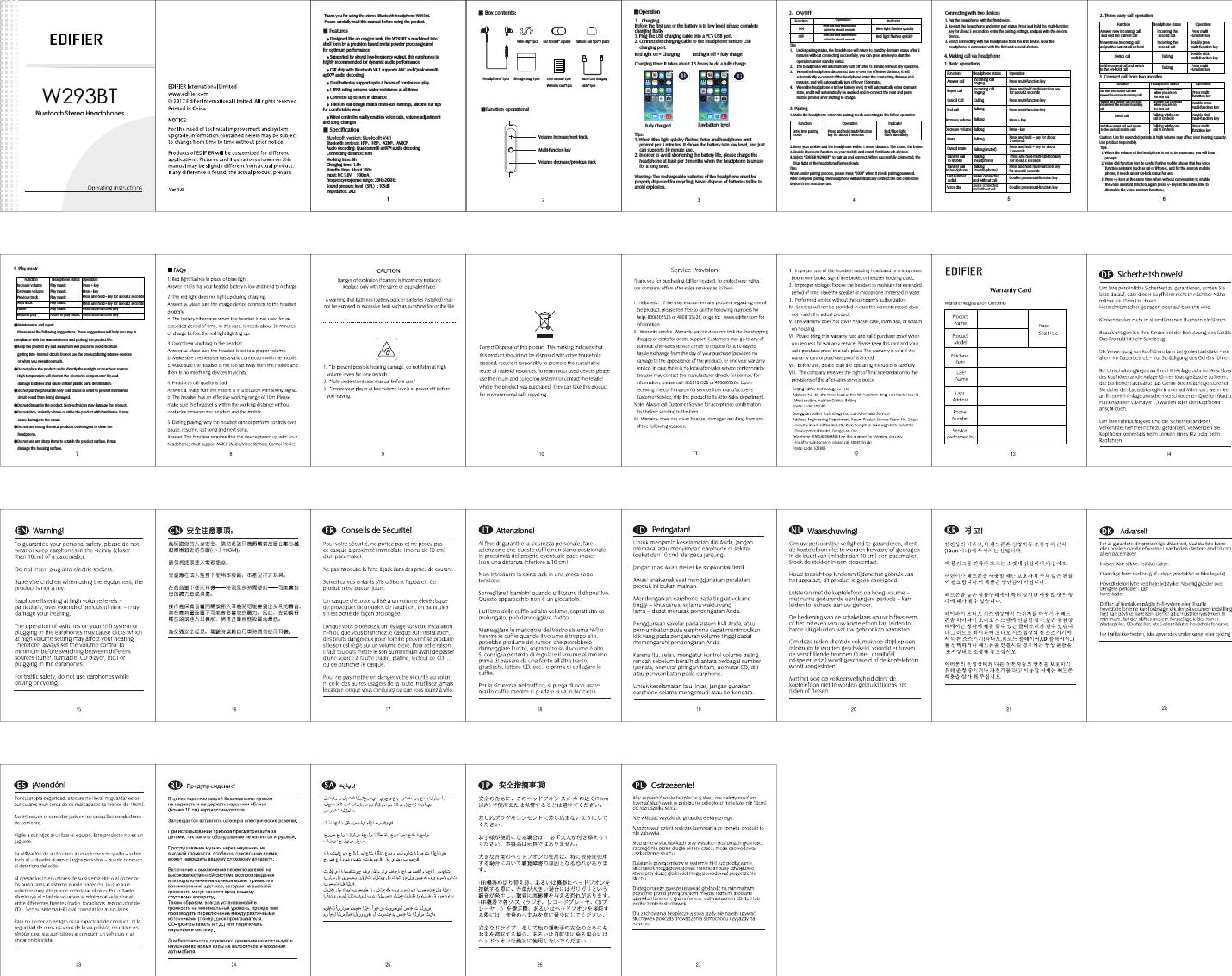 9HUBluetooth Stereo HeadphonesW293BTᲗFeatures   Გ Designed like an oxygen tank, the W293BT is machined into shell form by a precision based metal powder process geared for optimum performance     Გ Supported by strong low-frequency output, this earphones is highly recommended for dynamic audio performance   Გ CSR chip with Bluetooth V4.1 supports AAC and Qualcomm® aptX™ audio decoding   Გ Dual batteries support up to 8 hours of continuous play   Გ I  IPX4 rating ensures water resistance at all times    Გ Connects up to 10m in distance   Გ Tilted in- ear design match multi-size earrings, silicone ear tips for comfortable wear   Გ Wired controller easily enables voice calls, volume adjustment and song changesBluetooth version: Bluetooth V4.1Bluetooth protocol: HFP᱃HSP᱃A2DP᱃AVRCPAudio decoding: Qualcomm® aptX™ audio decodingConnecting distance: 10mWorking time: 8hCharging time: 1.5hStandby time: About 300hInput: DC 5.0V     500mAFrequency response range: 20Hz-20KHzSound pressure level᷉SPL᷊: 105dB,PSHGDQFHThank you for using the stereo Bluetooth headphone W293bt. Please carefully read this manual before using the product.ᲗSpecificationᲗFunction operationalᲗBox contents:micro USB charging cable*1pcsHeadphone*1pcs  Storage bag*1pcsEar holder* 3 pairs Wire clip*1pcs  User manual*1pcs Warranty card*1pcsSilicon ear tips*3 pairsVolume increase/next trackMulti-function keyVolume decrease/previous track     ᲗOperation     Fully Charged low battery level᱃ChargingBefore the first use or the battery is in low level, please complete charging firstly.1. Plug the USB charging cable into a PC’s USB port.2. Connect the charging cable to the headphone’s micro USB    charging port.Red light on = Charging           Red light off = fully charge   Charging time: It takes about 1.5 hours to do a fully charge.Tips:1. When Blue light quickly flashes thrice and headphone emit    prompt per 3 minutes, it shows the battery is in low level, and just    can supports 30 minute use.2. In order to avoid shortening the battery life, please charge the    headphone at least per 3 months when the headphone is un-use    for a long time. Warning: The rechargeable batteries of the headphone must be properly disposed for recycling. Never dispose of batteries in fire to avoid explosion.2᱃ON/OFF3. Pairing             IndicatorBlue light flashes quicklyRed light flashes quicklyFunction    ON    OFF                           Operation        Press and hold multi-function         button for about 3 seconds        Press and hold multi-function         button for about 3 seconds     IndicatorRed/blue light flash alternately      FunctionEnter into pairingmode                 OperationPress and hold multi-function key for about 5 secondsTips 1.    Under pairing status, the headphone will return to standby dormant status after 2       minutes without connecting successfully, you can press any key to start the       operation under standby status.2.      The headphone will automatically turn off after 15 minute without any operation.3.      When the headphone disconnect due to over the effective distance, it will        automatically re-connect if the headphone enter the connecting distance in 5       minutes, and will automatically turn off over 15 minutes.4.      When the headphone is in low battery level, it will automatically enter dormant       state, and it will automatically be awaked and re-connect the near and paire       mobile phones after starting to charge.1. Make the headphone enter into pairing mode according to the follow operation2. Keep your mobile and the headphone within 1 meter distance. The closer, the better.3. Enable Bluetooth function on your mobile and search for Bluetooth devices.4. Select “EDIFIER W293BT’” to pair up and connect. When successfully connected, the    blue light of the headphone flashes slowly.Tips:When under pairing process, please input “0000” when it needs pairing password. After complete pairing, the headphone will automatically connect the last connected device in the next time use.FunctionsAnswer callReject callConnecting with two devices1. Pair the headphone with the first device.2. Re-start the headphone and enter pair status. Press and hold the multi-function     key for about 5 seconds to enter the pairing settings, and pair with the second     device.3. Select connecting with the headphone from the first device. Now the     headphone is connected with the first and second devices.4. Making call via headphone1. Basic operationsHeadphone statusIncoming call ringingIncoming call ringingCallingTalkingTalkingTalkingTalkingTalking(muted)Talking(headphone)Talking(mobile phone)Device connected and without callDevice connected and without callOperationPress multi-function keyPress and hold multi-function key for about 2 secondsPress multi-function keyPress multi-function keyPress + keyPress - keyPress and hold – key for about 2 secondsPress and hold + key for about 2 secondsPress and hold multi-function key for about 2 secondsPress and hold multi-function key for about 2 secondsDouble press multi-function keyDouble press multi-function keyCancel CallEnd callIncrease volumeDecrease volumeMuteTransfer call to mobileCancel muteTransfer call to headphoneLast number redialVoice dial2. Three party call operation3. Connect call from two mobilesCaution: Use for extended periods at high volume may affect your hearing capacity. Use product responsibly. Tips:  1. When the volume of the headphone is set to its maximum, you will hear                                            prompt.  2. Voice dial function just be useful for the mobile phone that has voice                  function assistant (such as siri of iPhone), and for the android mobile       phone, it needs under un-lock status for use.  3. Press +/- keys at the same time when without conversation to enable       the voice assistant function, again press +/- keys at the same time to                                        disenable the voice assistant function.ᷜFunctionAnswer new incoming call and end the current callAnswer new incoming call and put the current call on holdSwitch callEnd the current call and switch to the on-hold callHeadphone statusIncoming the second callTalkingIncoming the second callTalkingOperationPress multi-function keyDouble press multi-function keyDouble click multi-function keyPress multi-function keyFunction Headphone status OperationEnd the first mobile call and answer the second incoming callPut the first mobile call on hold and answer the second incoming callSwitch callEnd the current call and return to the on-hold mobile callTalking while one call is on holdPress multi-function keyDouble press multi-function keyDouble click multi-function keyPress multi-function keyAnother call comes in when you are on the first callAnother call comes in when you are on the first callTalking while one call is on holdOperationPress + keyPress - keyPress multi-function keyPress multi-function key         FunctionIncrease volumeDecrease volumePrevious trackNext trackPauseResume play  Headphone statusPlay musicPlay musicPlay musicPlay musicPlay musicPause to play music5. Play musicᲗMaintenance and repair    Please read the following suggestions. These suggestions will help you stay in compliance with the warranty terms and prolong the product life.Გ Keep the product dry and away from wet places to avoid moisture     getting into  internal circuit. Do not use the product during intense exercise     or when you sweat too much.Გ  Do not place the product under directly the sunlight or near heat sources.      High temperature will shorten the electronic components’ life and      damage batteries and cause certain plastic parts deformation.Გ Do not put the product in very cold places in order to prevent its internal     circuit board from being damaged.Გ Do not dismantle the product. Non-technician may damage the product.Გ Do not drop, violently vibrate or strike the product with hard items. It may     cause damage to the circuit.Გ  Do not use strong chemical products or detergent to clean the       headphone.Გ Do not use any sharp items to scratch the product surface. It may     damage the housing surface.Press and hold – key for about 2 secondsPress and hold + key for about 2 seconds