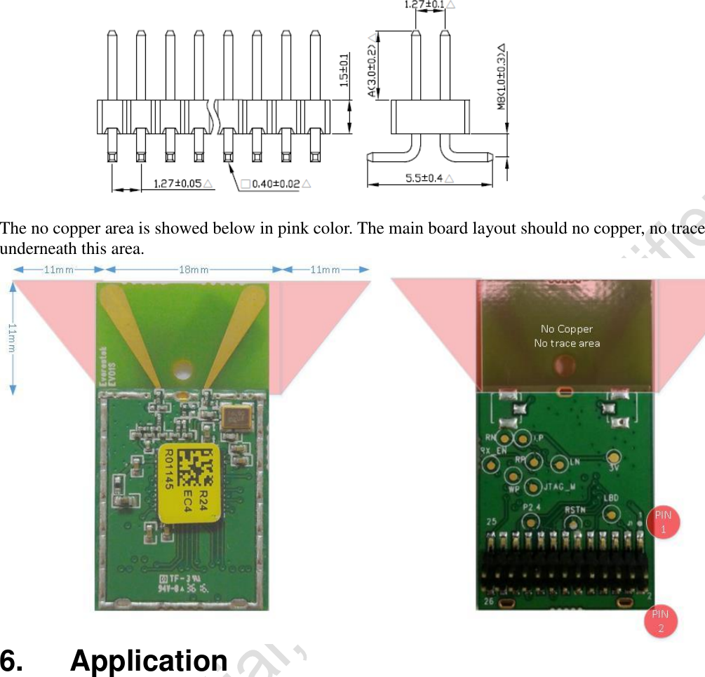     The no copper area is showed below in pink color. The main board layout should no copper, no trace underneath this area.  6.   Application 