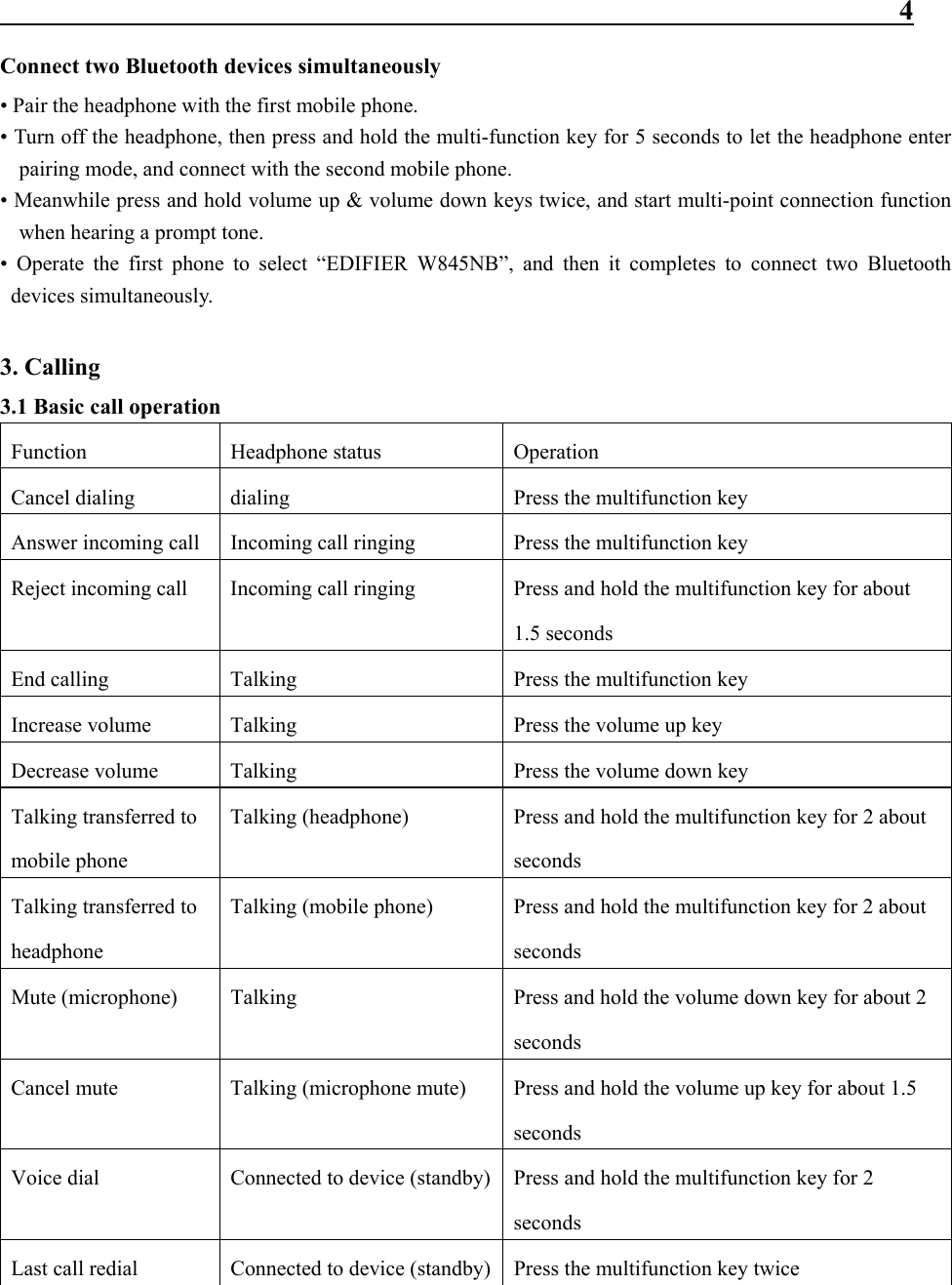                                                                 4 Connect two Bluetooth devices simultaneously   • Pair the headphone with the first mobile phone. • Turn off the headphone, then press and hold the multi-function key for 5 seconds to let the headphone enter pairing mode, and connect with the second mobile phone.   • Meanwhile press and hold volume up &amp; volume down keys twice, and start multi-point connection function when hearing a prompt tone. • Operate the first phone to select “EDIFIER W845NB”, and then it completes to connect two Bluetooth devices simultaneously.  3. Calling 3.1 Basic call operation   Function Headphone status Operation Cancel dialing  dialing  Press the multifunction key Answer incoming call  Incoming call ringing  Press the multifunction key Reject incoming call  Incoming call ringing  Press and hold the multifunction key for about 1.5 seconds   End calling  Talking  Press the multifunction key Increase volume    Talking  Press the volume up key   Decrease volume  Talking  Press the volume down key Talking transferred to mobile phone Talking (headphone)  Press and hold the multifunction key for 2 about seconds Talking transferred to headphone Talking (mobile phone)  Press and hold the multifunction key for 2 about seconds Mute (microphone)  Talking  Press and hold the volume down key for about 2 seconds Cancel mute  Talking (microphone mute)  Press and hold the volume up key for about 1.5 seconds Voice dial  Connected to device (standby) Press and hold the multifunction key for 2 seconds Last call redial  Connected to device (standby) Press the multifunction key twice   