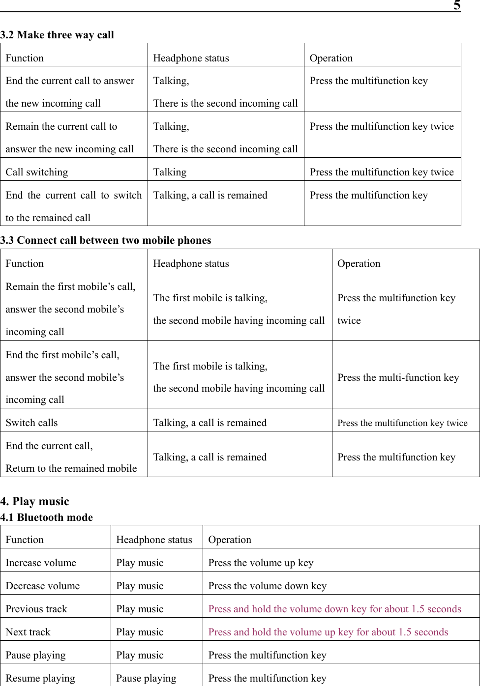                                                                 5 3.2 Make three way call Function Headphone status Operation End the current call to answer the new incoming call Talking, There is the second incoming callPress the multifunction key   Remain the current call to answer the new incoming call Talking, There is the second incoming callPress the multifunction key twiceCall switching  Talking  Press the multifunction key twiceEnd the current call to switch to the remained call Talking, a call is remained  Press the multifunction key   3.3 Connect call between two mobile phones Function Headphone status Operation Remain the first mobile’s call, answer the second mobile’s incoming call The first mobile is talking,   the second mobile having incoming callPress the multifunction key twice End the first mobile’s call, answer the second mobile’s incoming call The first mobile is talking, the second mobile having incoming callPress the multi-function key   Switch calls  Talking, a call is remained  Press the multifunction key twice End the current call,   Return to the remained mobile Talking, a call is remained  Press the multifunction key   4. Play music 4.1 Bluetooth mode   Function Headphone status Operation Increase volume  Play music  Press the volume up key   Decrease volume  Play music  Press the volume down key   Previous track  Play music  Press and hold the volume down key for about 1.5 seconds Next track  Play music  Press and hold the volume up key for about 1.5 seconds Pause playing  Play music  Press the multifunction key   Resume playing  Pause playing  Press the multifunction key   
