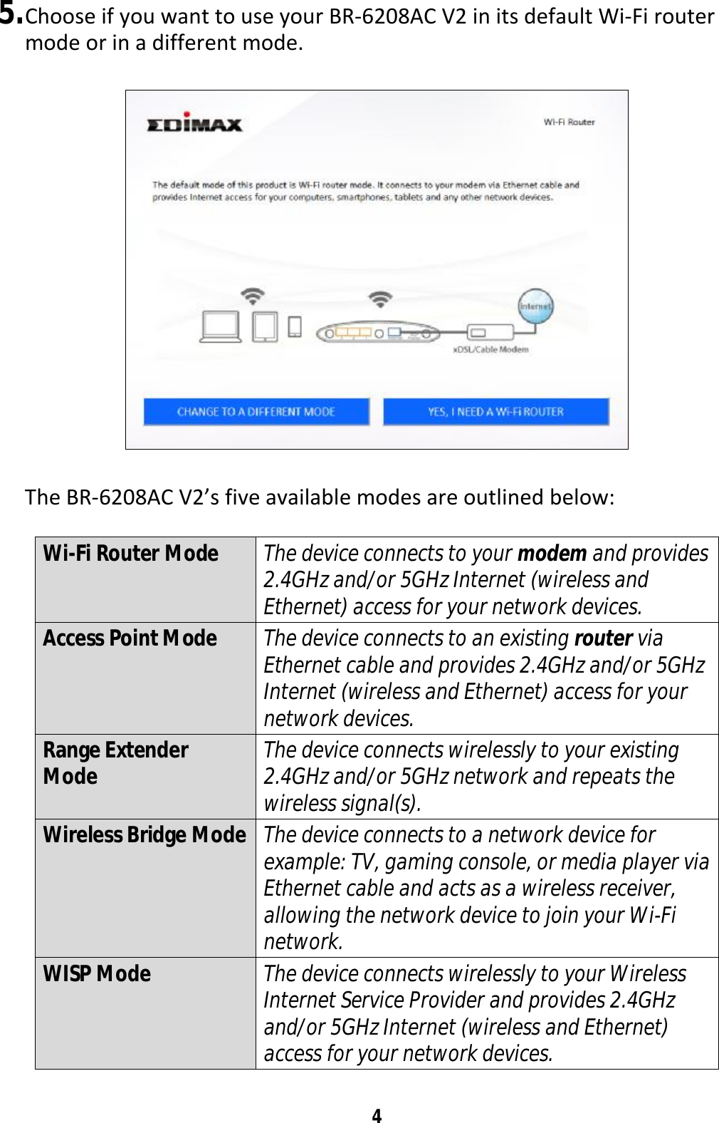 4  5. Choose if you want to use your BR-6208AC V2 in its default Wi-Fi router mode or in a different mode.    The BR-6208AC V2’s five available modes are outlined below:  Wi-Fi Router Mode  The device connects to your modem and provides 2.4GHz and/or 5GHz Internet (wireless and Ethernet) access for your network devices. Access Point Mode  The device connects to an existing router via Ethernet cable and provides 2.4GHz and/or 5GHz Internet (wireless and Ethernet) access for your network devices. Range Extender Mode  The device connects wirelessly to your existing 2.4GHz and/or 5GHz network and repeats the wireless signal(s). Wireless Bridge Mode The device connects to a network device for example: TV, gaming console, or media player via Ethernet cable and acts as a wireless receiver, allowing the network device to join your Wi-Fi network. WISP Mode  The device connects wirelessly to your Wireless Internet Service Provider and provides 2.4GHz and/or 5GHz Internet (wireless and Ethernet) access for your network devices.  