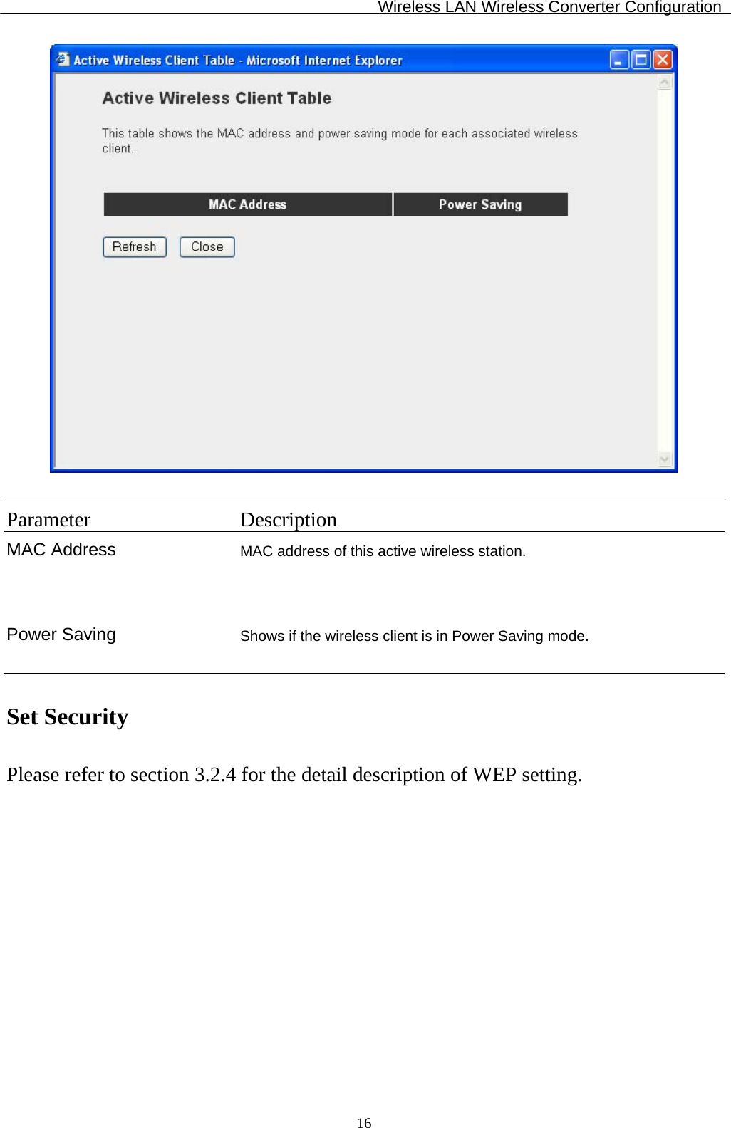 Wireless LAN Wireless Converter Configuration  16  Parameter Description MAC Address  MAC address of this active wireless station.    Power Saving  Shows if the wireless client is in Power Saving mode.   Set Security  Please refer to section 3.2.4 for the detail description of WEP setting. 