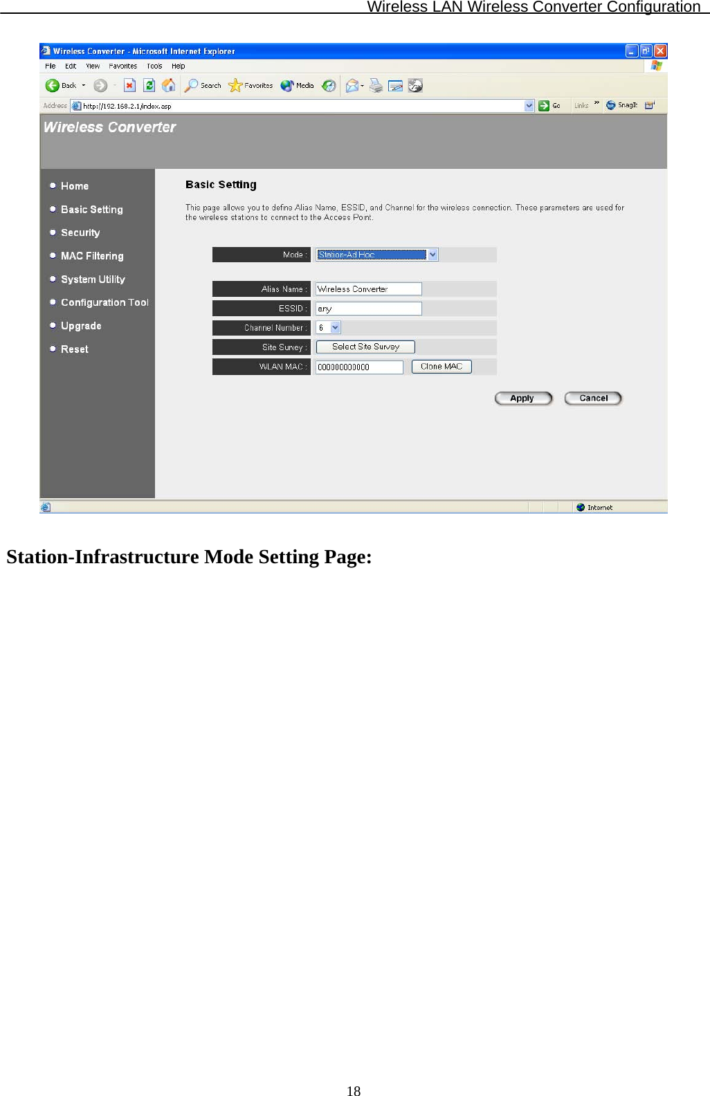 Wireless LAN Wireless Converter Configuration  18  Station-Infrastructure Mode Setting Page:  