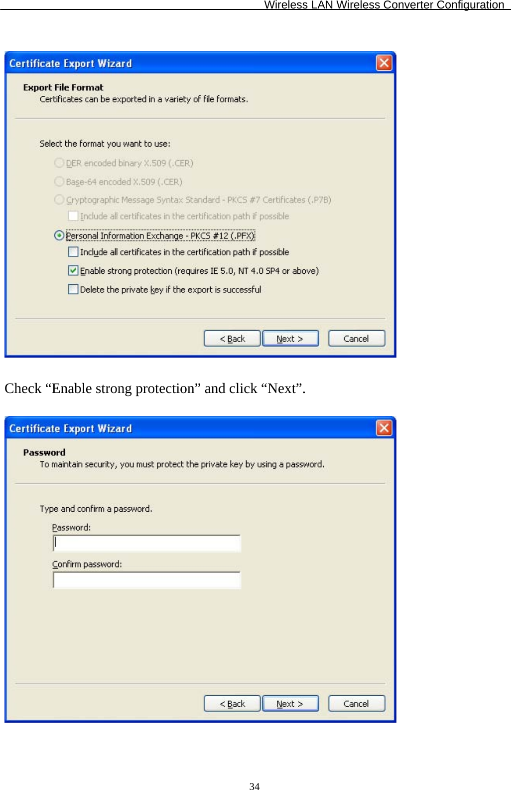 Wireless LAN Wireless Converter Configuration  34   Check “Enable strong protection” and click “Next”.    