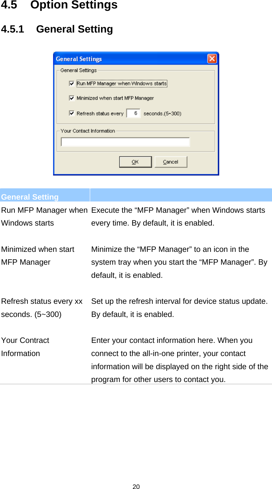 20 4.5 Option Settings 4.5.1 General Setting    General Setting   Run MFP Manager when Windows starts Execute the “MFP Manager” when Windows starts every time. By default, it is enabled.   Minimized when start MFP Manager   Minimize the “MFP Manager” to an icon in the system tray when you start the “MFP Manager”. By default, it is enabled.   Refresh status every xx seconds. (5~300) Set up the refresh interval for device status update. By default, it is enabled.   Your Contract Information Enter your contact information here. When you connect to the all-in-one printer, your contact information will be displayed on the right side of the program for other users to contact you.      