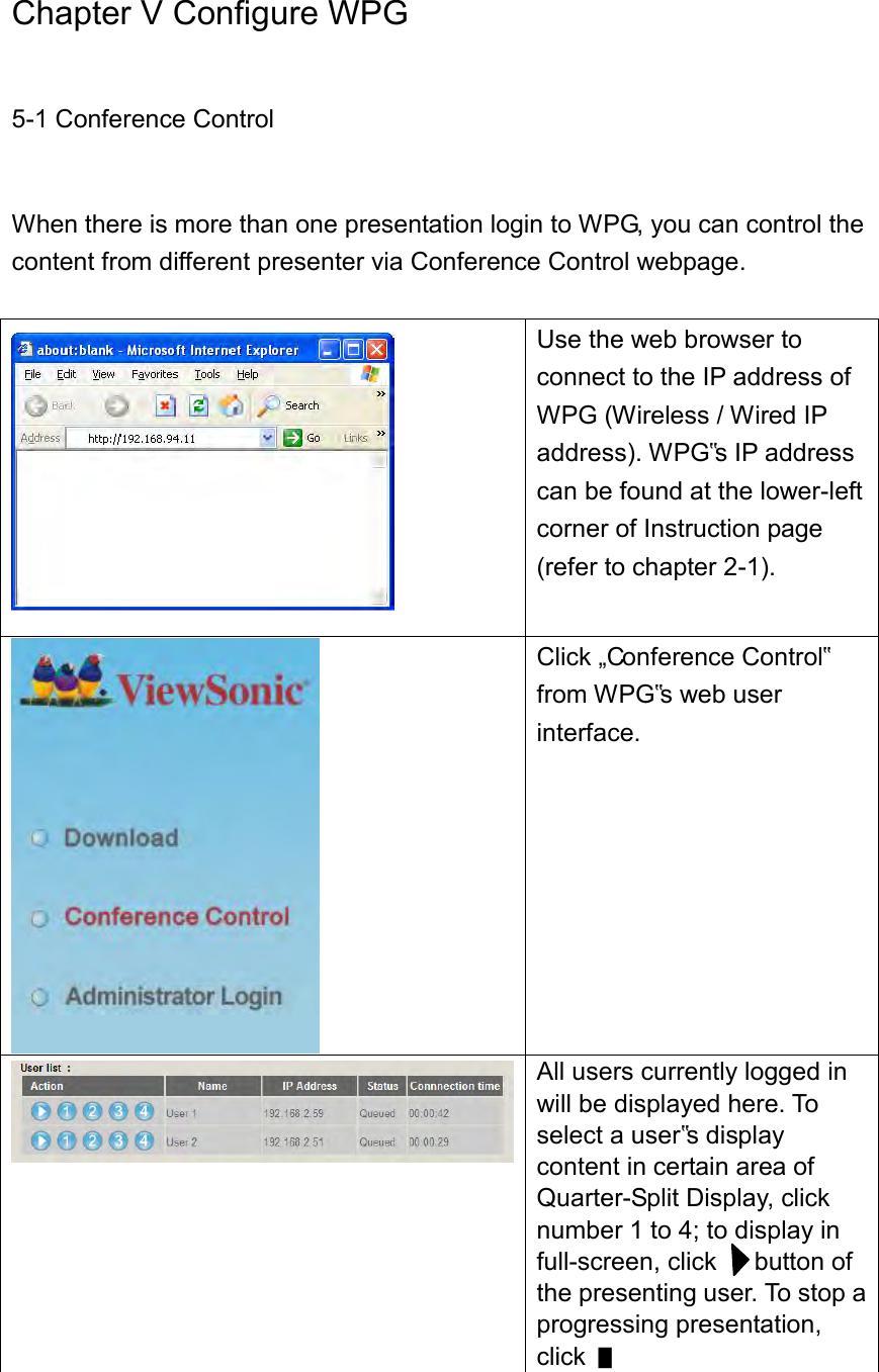 Chapter V Configure WPG 5-1 Conference Control  When there is more than one presentation login to WPG, you can control the content from different presenter via Conference Control webpage.   Use the web browser to connect to the IP address of WPG (Wireless / Wired IP address). WPG‟s IP address can be found at the lower-left corner of Instruction page (refer to chapter 2-1).   Click „Conference Control‟ from WPG‟s web user interface.  All users currently logged in will be displayed here. To select a user‟s display content in certain area of Quarter-Split Display, click number 1 to 4; to display in full-screen, click      button of the presenting user. To stop a progressing presentation, click  █ 