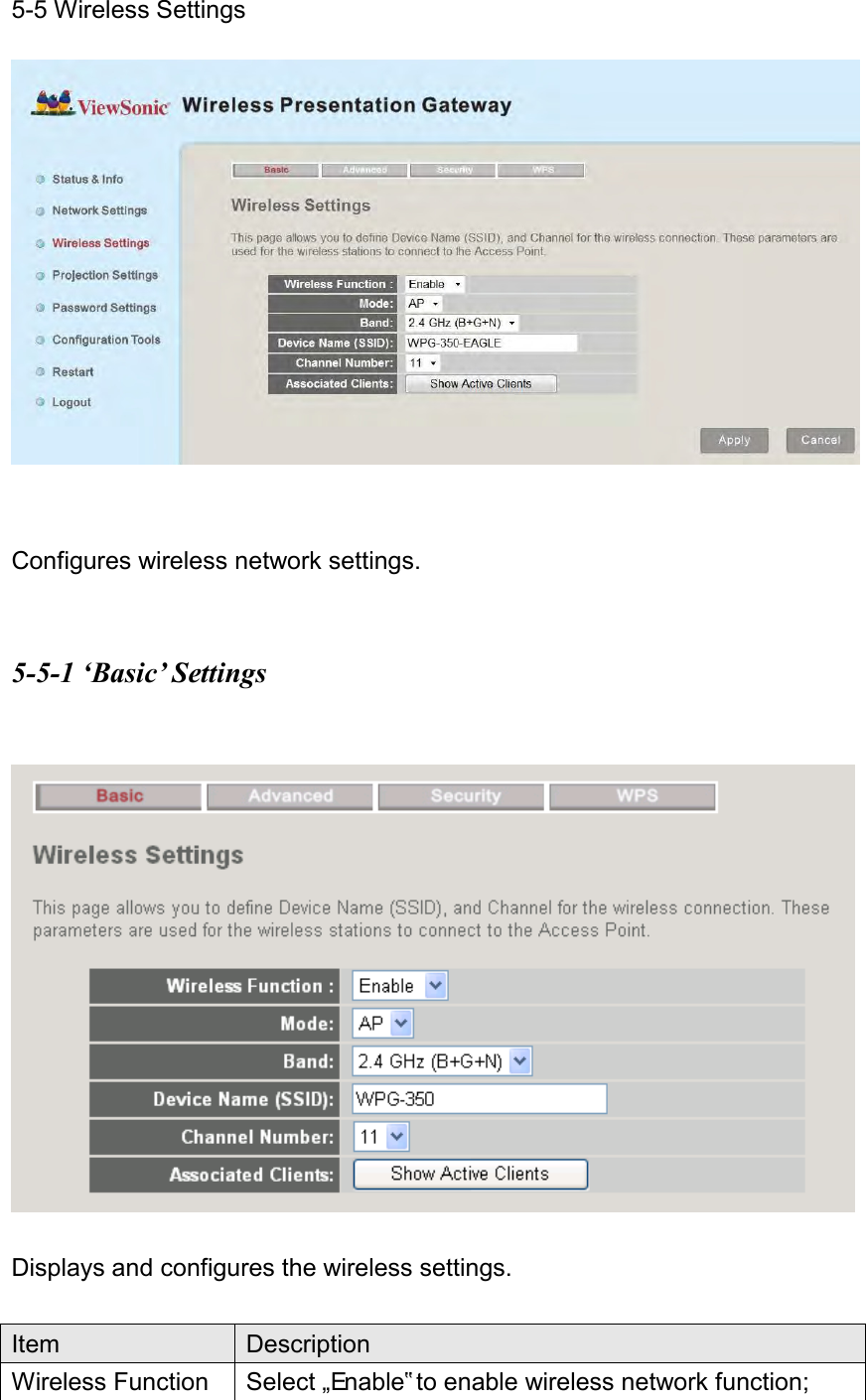 5-5 Wireless Settings     Configures wireless network settings.  5-5-1 ‘Basic’ Settings    Displays and configures the wireless settings.  Item Description Wireless Function Select „Enable‟ to enable wireless network function; 