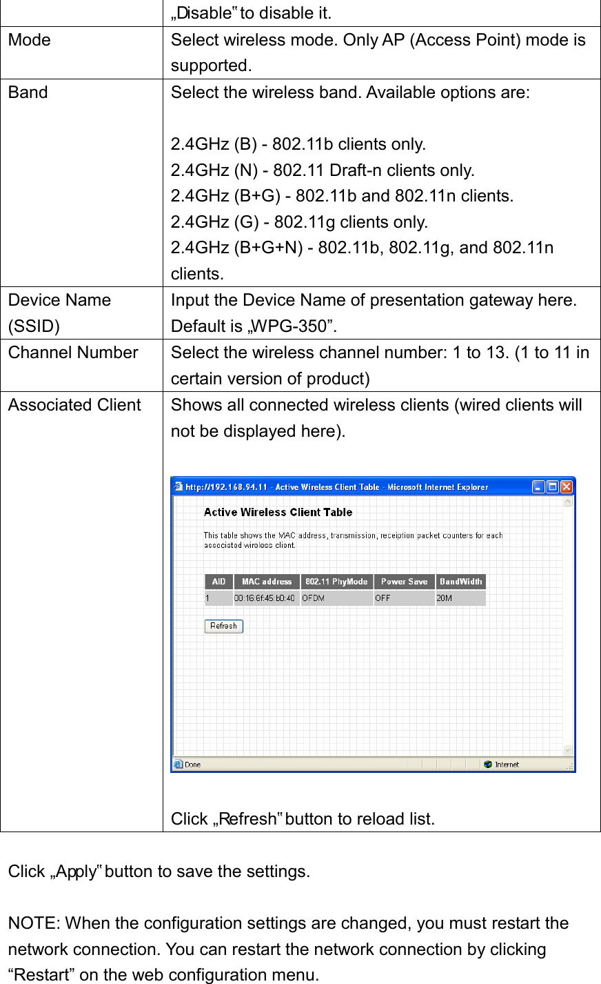 „Disable‟ to disable it. Mode Select wireless mode. Only AP (Access Point) mode is supported. Band Select the wireless band. Available options are:  2.4GHz (B) - 802.11b clients only. 2.4GHz (N) - 802.11 Draft-n clients only. 2.4GHz (B+G) - 802.11b and 802.11n clients. 2.4GHz (G) - 802.11g clients only. 2.4GHz (B+G+N) - 802.11b, 802.11g, and 802.11n clients. Device Name (SSID) Input the Device Name of presentation gateway here. Default is „WPG-350”. Channel Number Select the wireless channel number: 1 to 13. (1 to 11 in certain version of product) Associated Client Shows all connected wireless clients (wired clients will not be displayed here).    Click „Refresh‟ button to reload list.  Click „Apply‟ button to save the settings.  NOTE: When the configuration settings are changed, you must restart the network connection. You can restart the network connection by clicking “Restart” on the web configuration menu. 