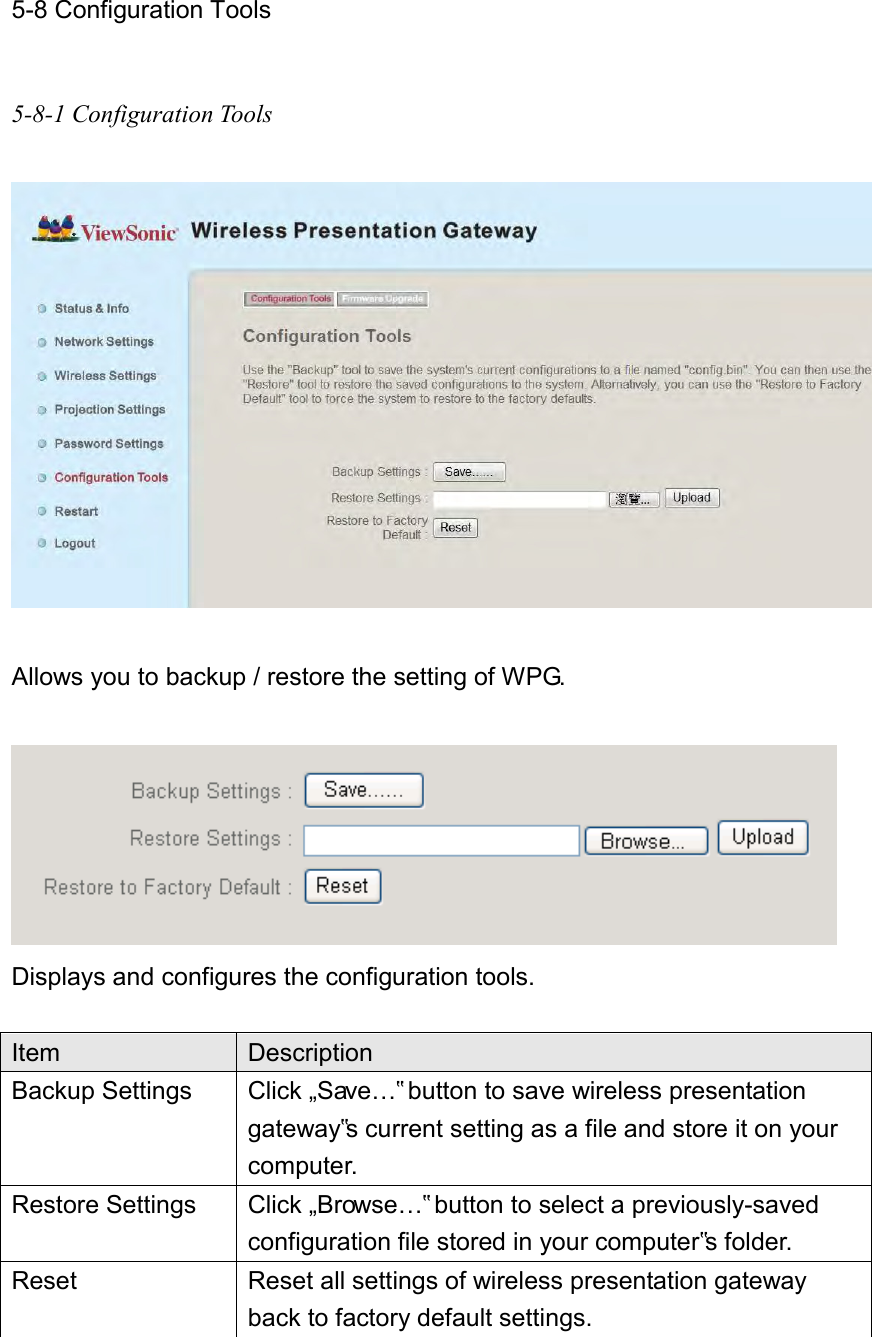  5-8 Configuration Tools  5-8-1 Configuration Tools    Allows you to backup / restore the setting of WPG.     Displays and configures the configuration tools.  Item Description Backup Settings Click „Save…‟ button to save wireless presentation gateway‟s current setting as a file and store it on your computer.   Restore Settings Click „Browse…‟ button to select a previously-saved configuration file stored in your computer‟s folder. Reset Reset all settings of wireless presentation gateway back to factory default settings.  