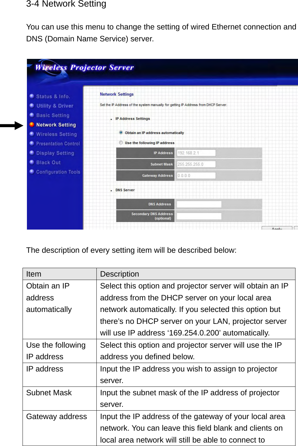 3-4 Network Setting  You can use this menu to change the setting of wired Ethernet connection and DNS (Domain Name Service) server.    The description of every setting item will be described below:  Item  Description Obtain an IP address automatically Select this option and projector server will obtain an IP address from the DHCP server on your local area network automatically. If you selected this option but there’s no DHCP server on your LAN, projector server will use IP address ‘169.254.0.200’ automatically. Use the following IP address Select this option and projector server will use the IP address you defined below. IP address  Input the IP address you wish to assign to projector server. Subnet Mask  Input the subnet mask of the IP address of projector server. Gateway address  Input the IP address of the gateway of your local area network. You can leave this field blank and clients on local area network will still be able to connect to 