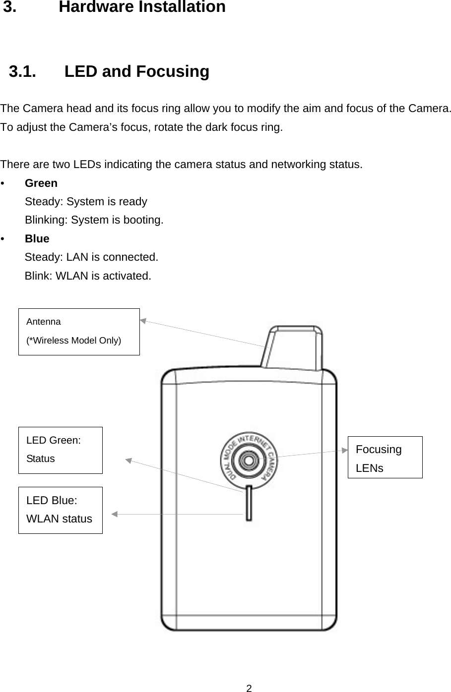    2 3. Hardware Installation 3.1.  LED and Focusing The Camera head and its focus ring allow you to modify the aim and focus of the Camera. To adjust the Camera’s focus, rotate the dark focus ring.  There are two LEDs indicating the camera status and networking status. y Green Steady: System is ready Blinking: System is booting. y Blue Steady: LAN is connected. Blink: WLAN is activated.    Focusing LENs LED Green: Status LED Blue: WLAN status Antenna (*Wireless Model Only) 